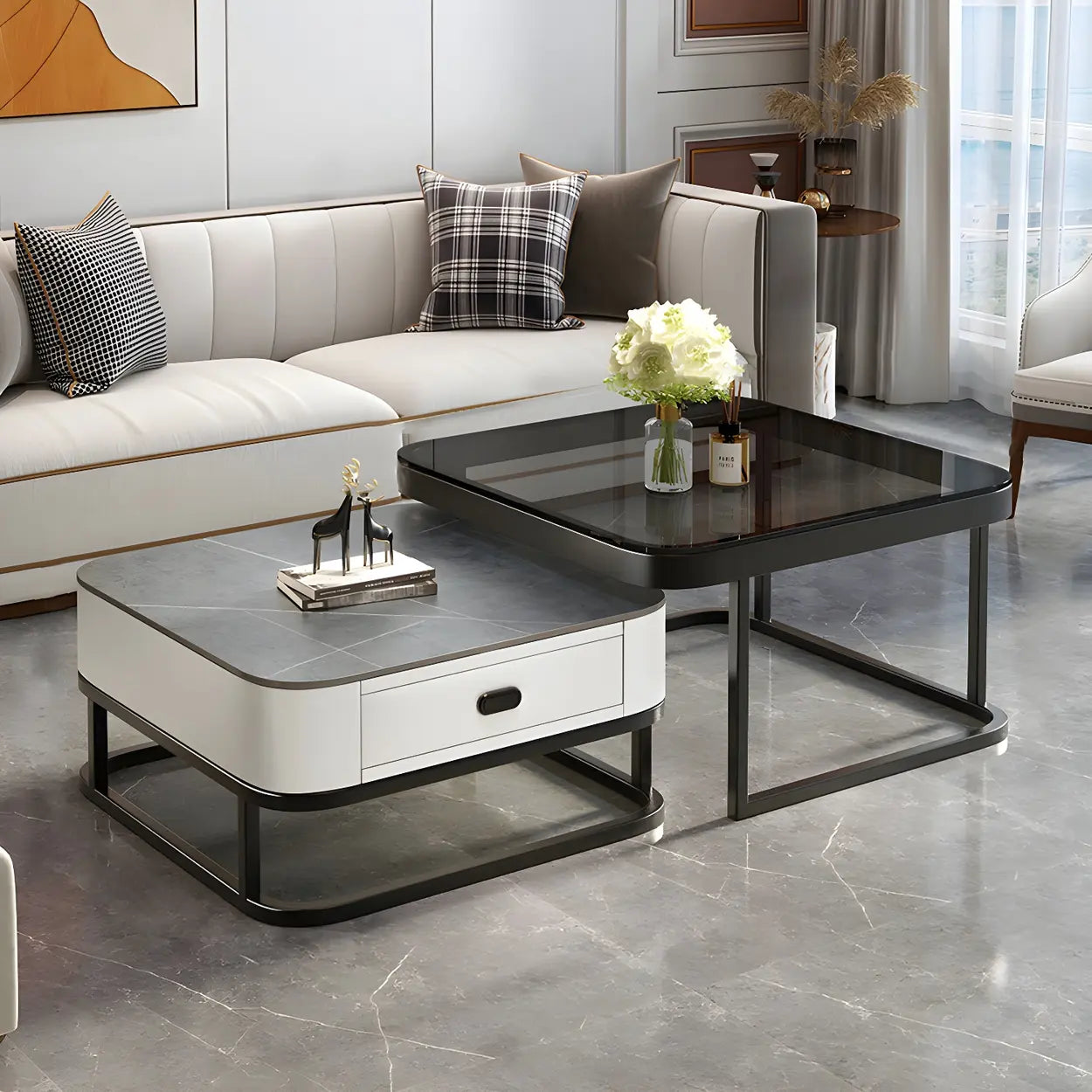 Square Stone Nesting Coffee Tables with Iron Frame — Gold-White / Gold