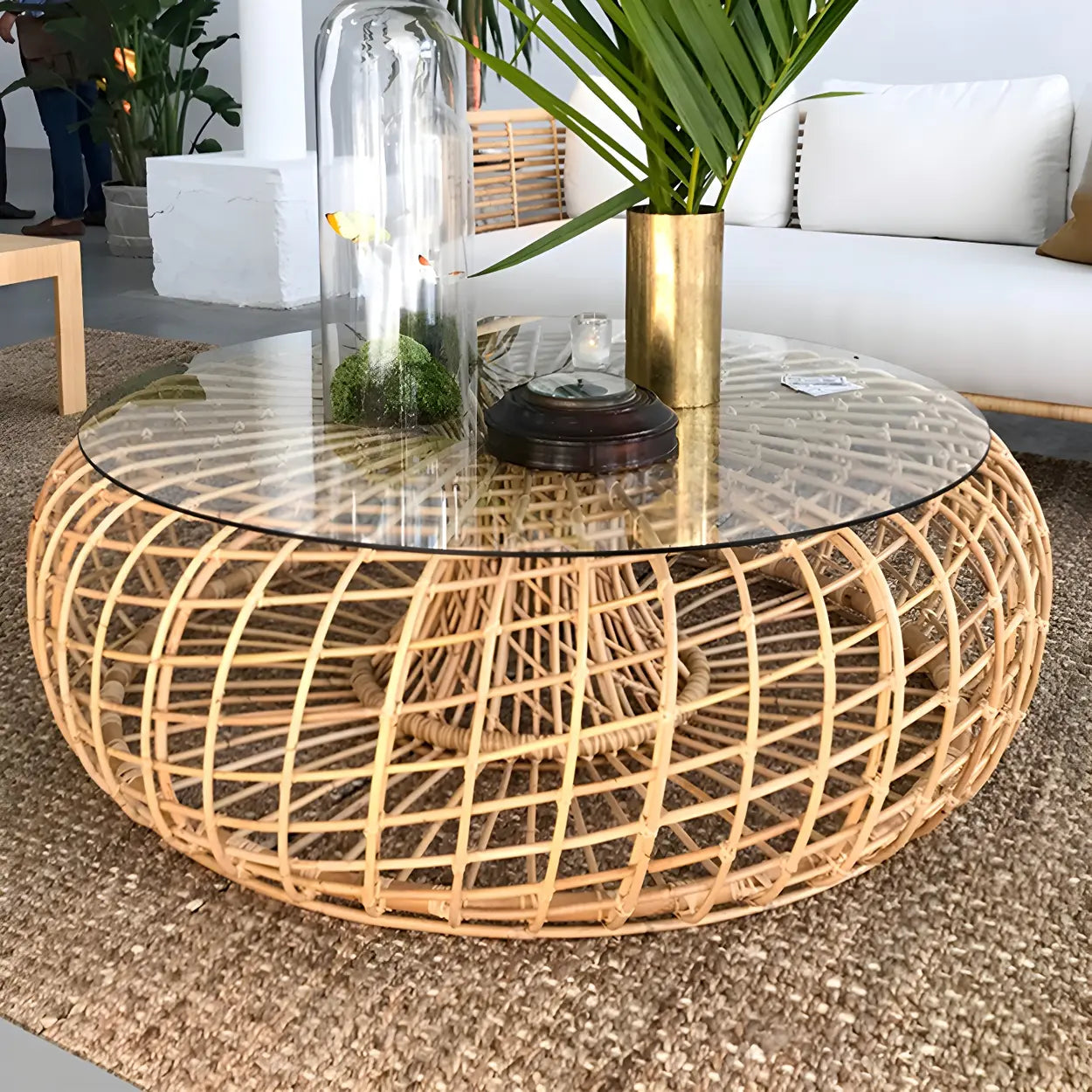 Glass Top Gold Wicker Rattan Outdoor Coffee Table