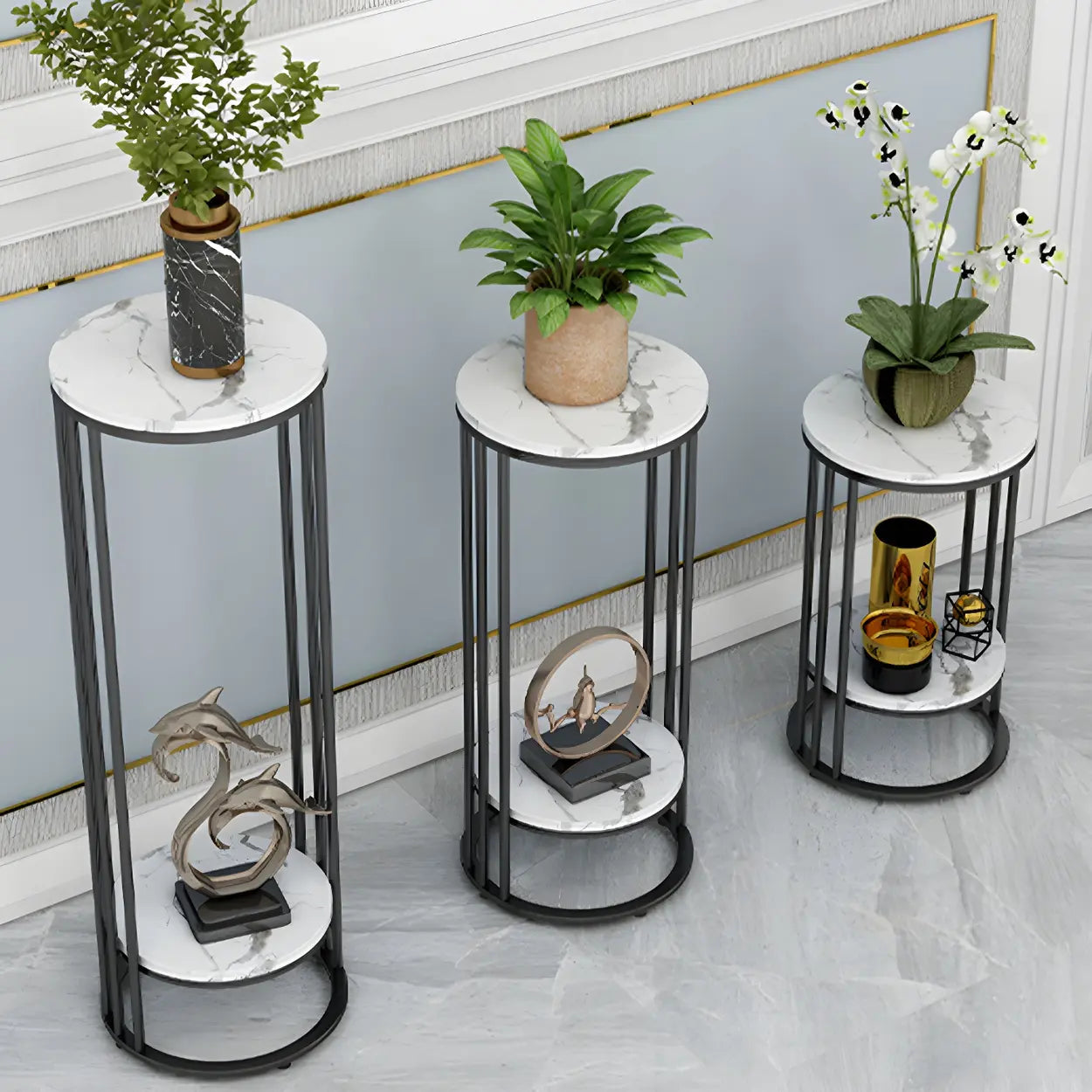 Gold 2-Tier Round Marble Metal Plant Stand — Black