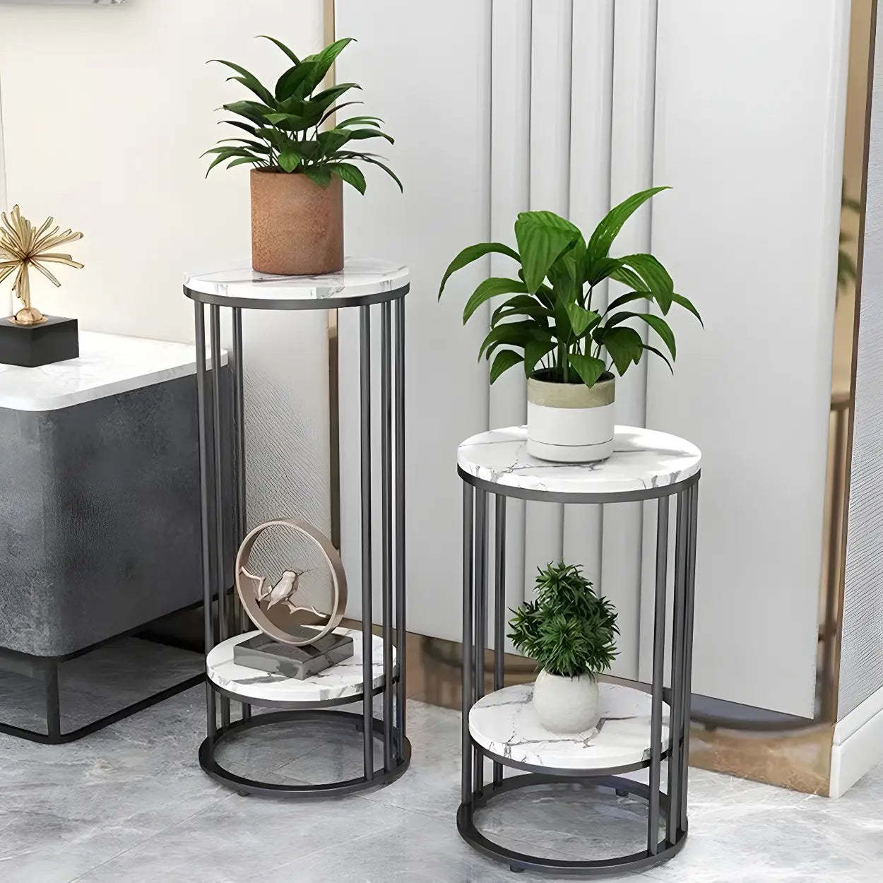 Gold 2-Tier Round Marble Metal Plant Stand