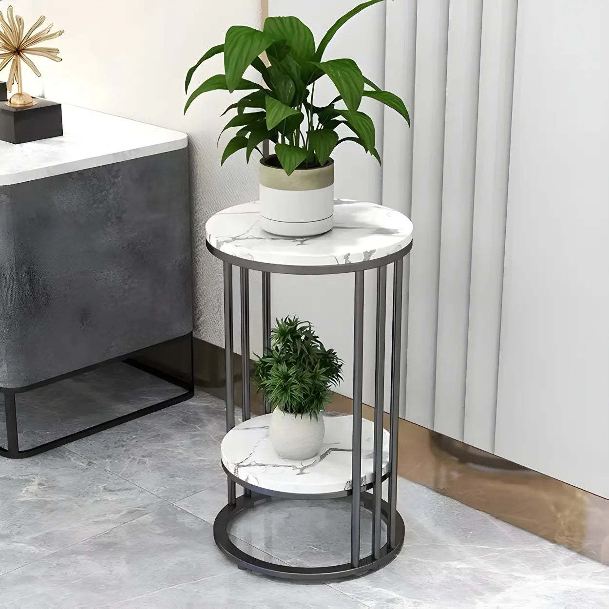2-tier round gold end & side tables, Lighom — 20" H x 12" Dia x 12" L / Black