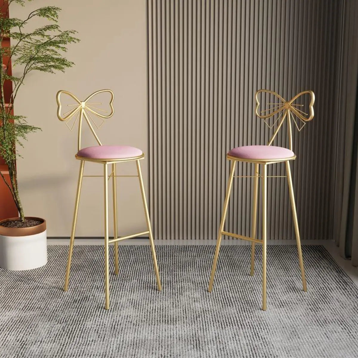 Gold Butterfly Round Velvet Tall Bar Stool — Gray