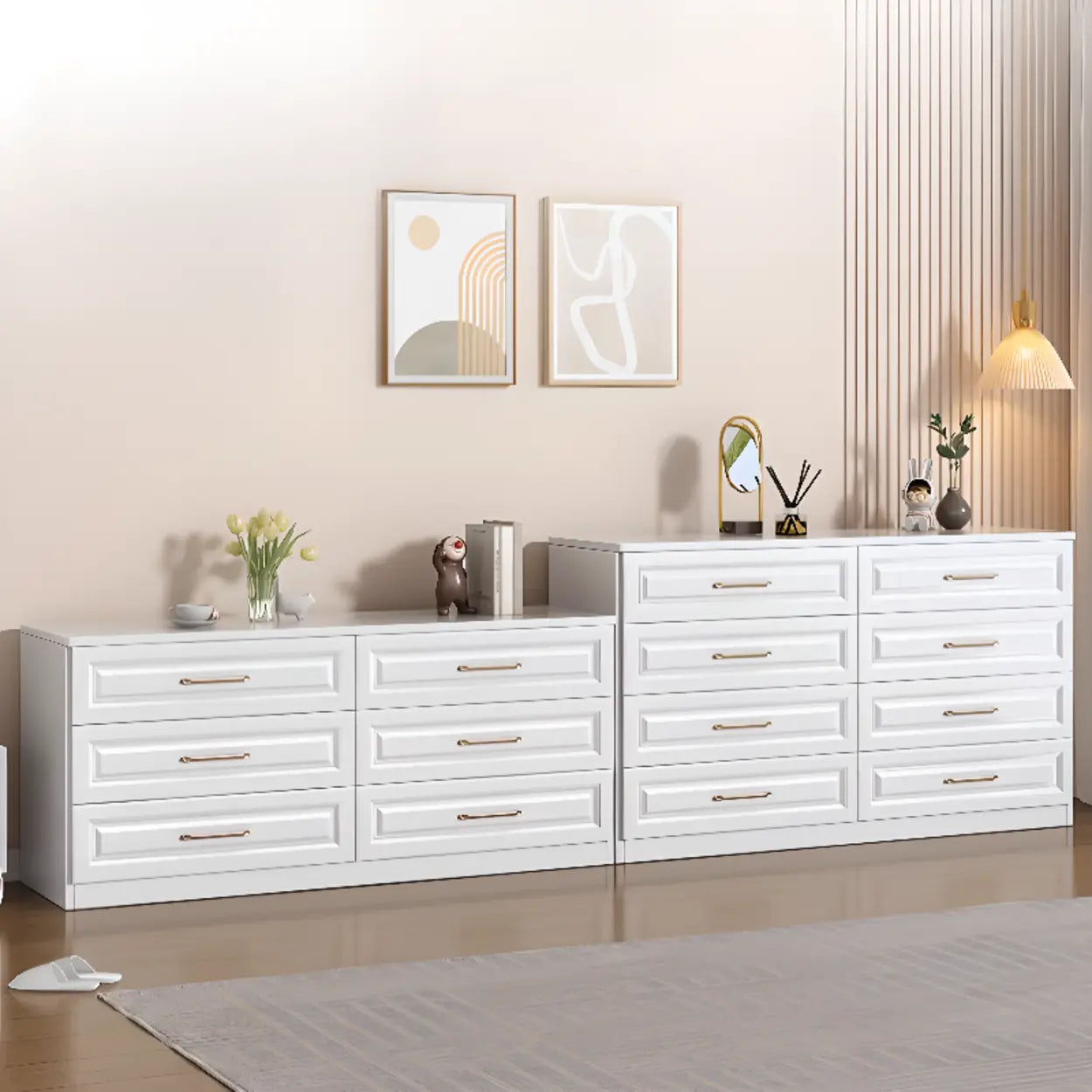 Gold-Handle White Wood Horizontal Dresser
