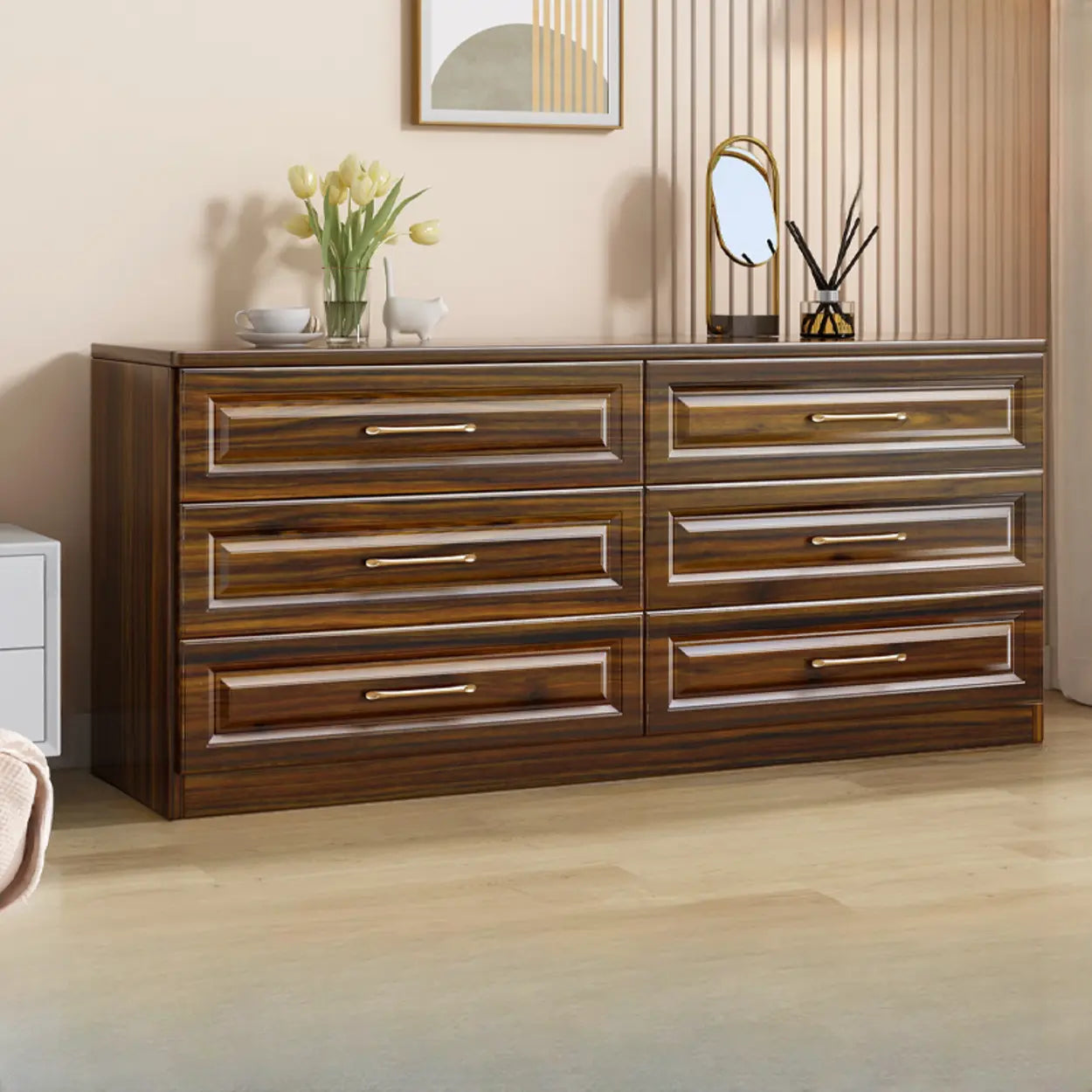 Gold-Handle White Wood Horizontal Dresser — White