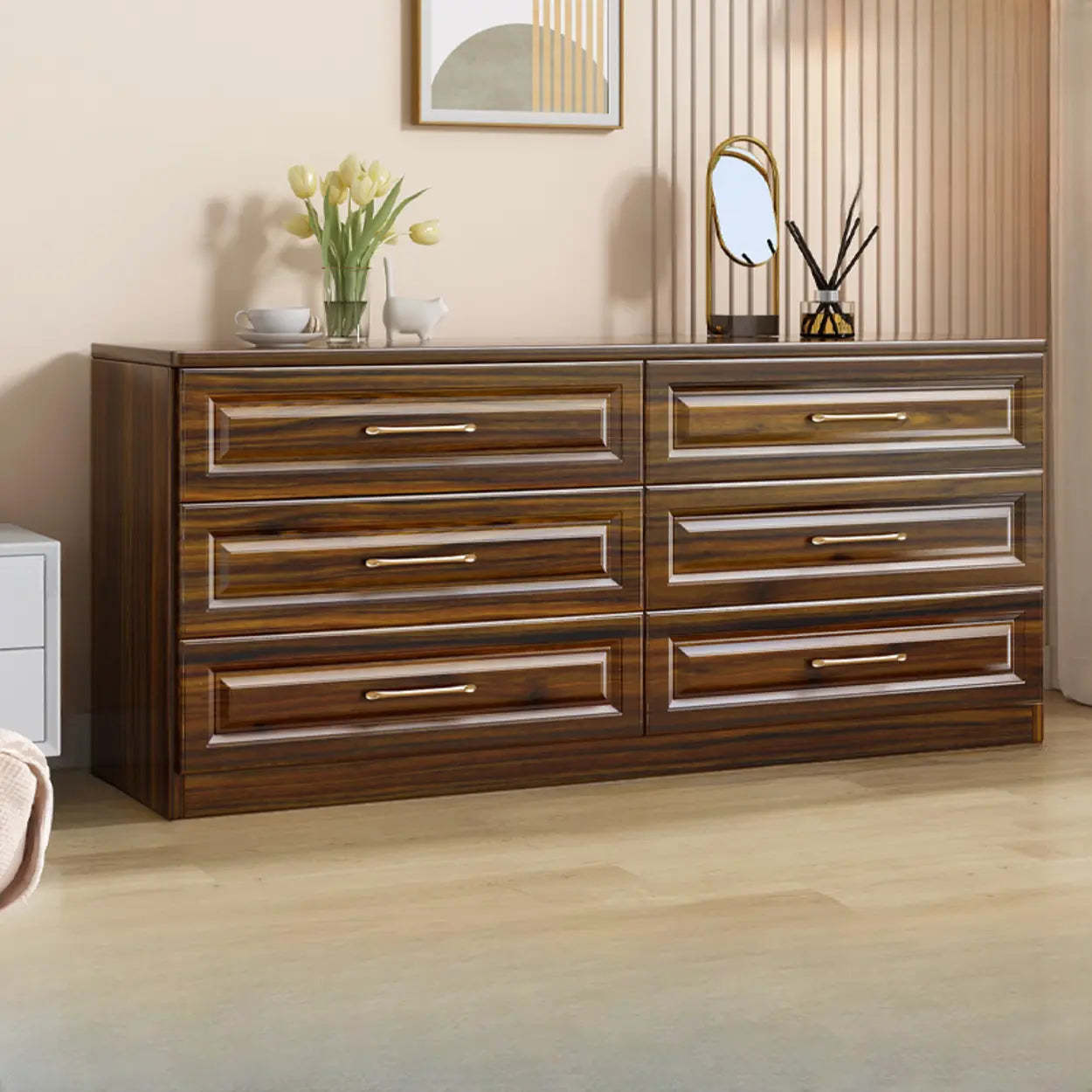 Gold-Handle White Wood Horizontal Dresser — White