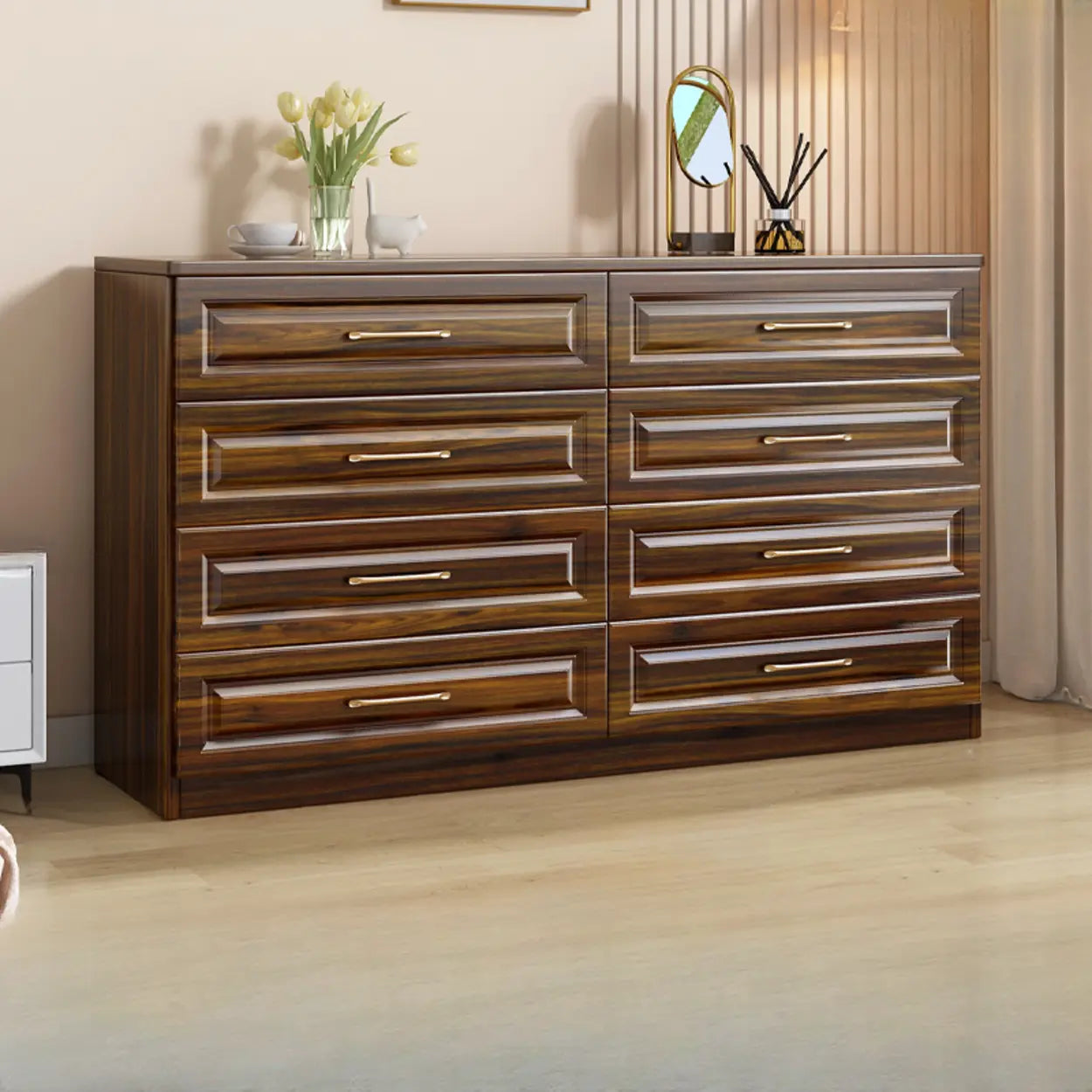 Gold-Handle White Wood Horizontal Dresser — White