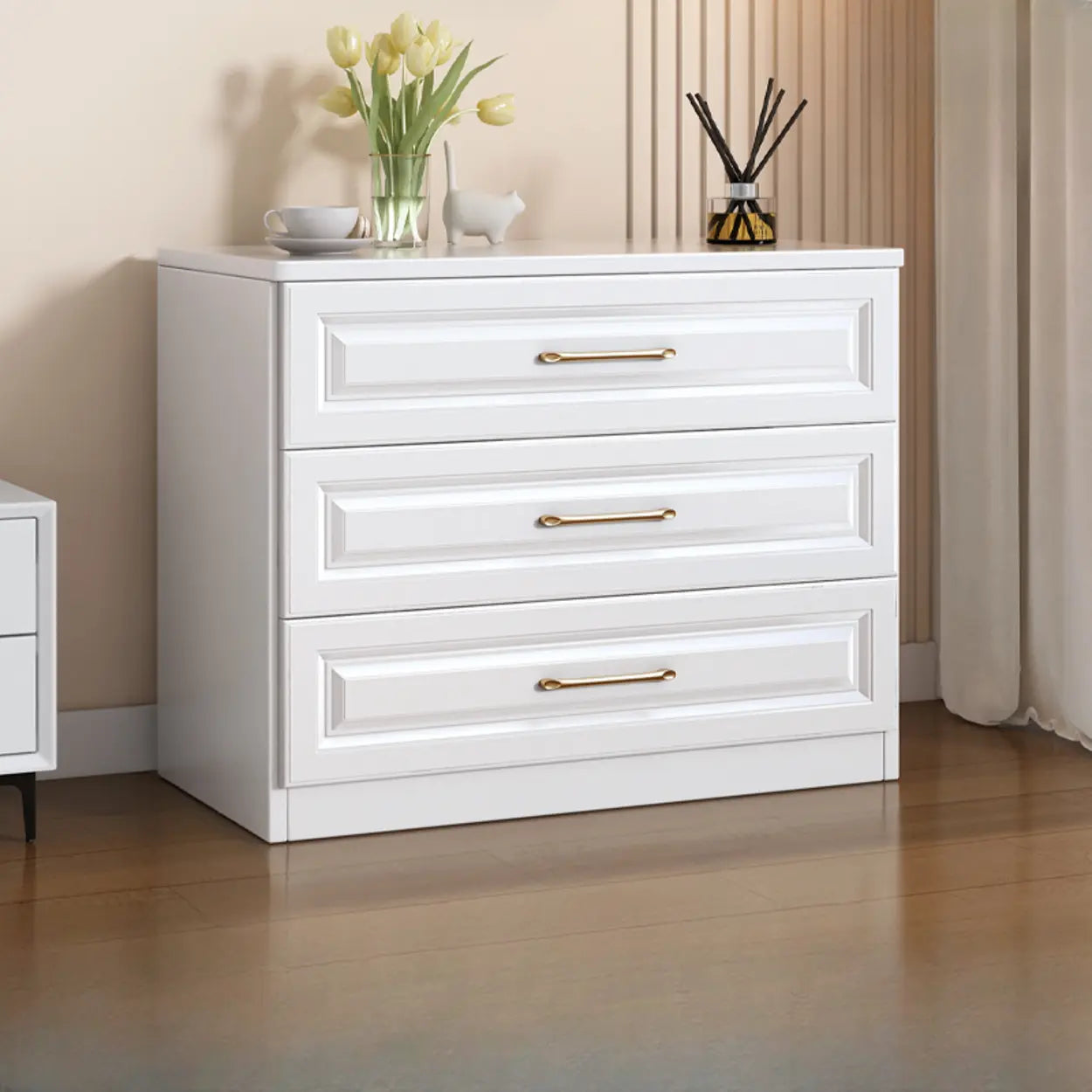 Gold-Handle White Wood Horizontal Dresser — Nut-Brown