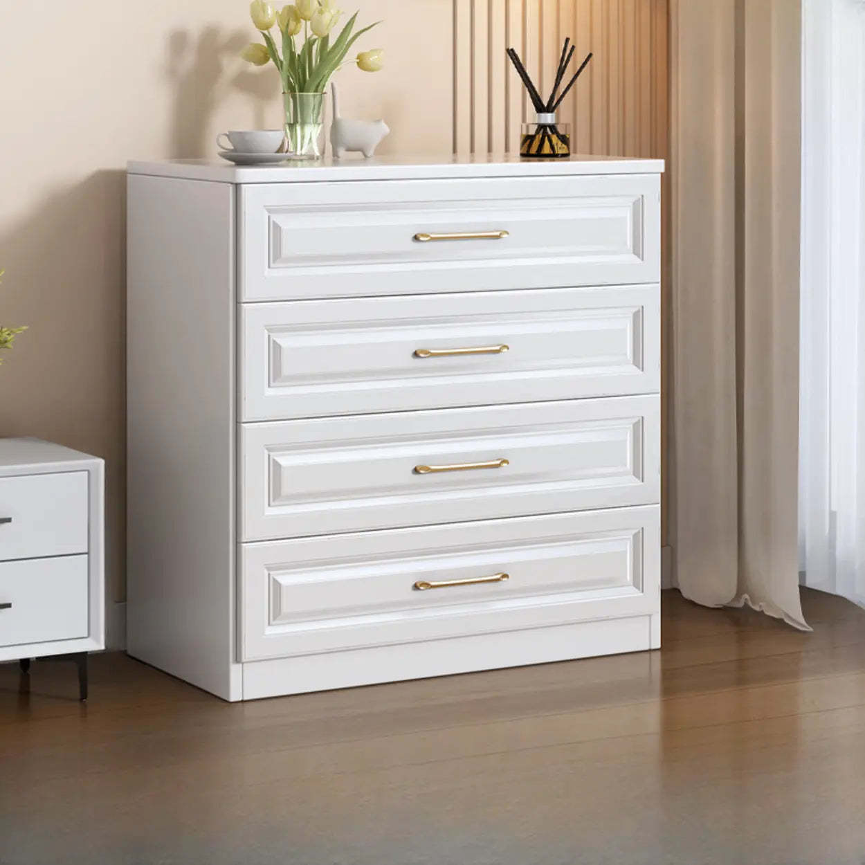 Gold-Handle White Wood Horizontal Dresser — White