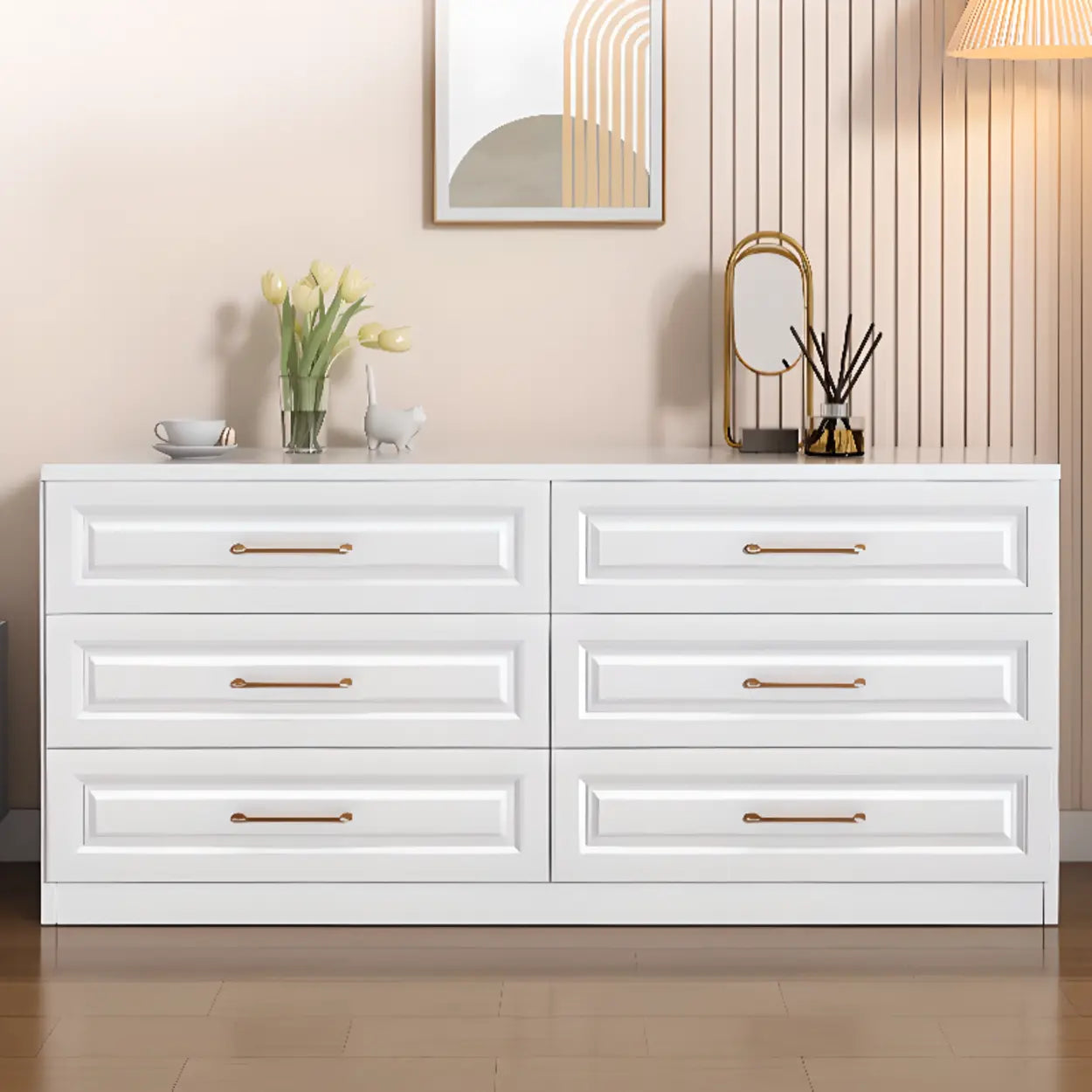 Gold-Handle White Wood Horizontal Dresser — Nut-Brown