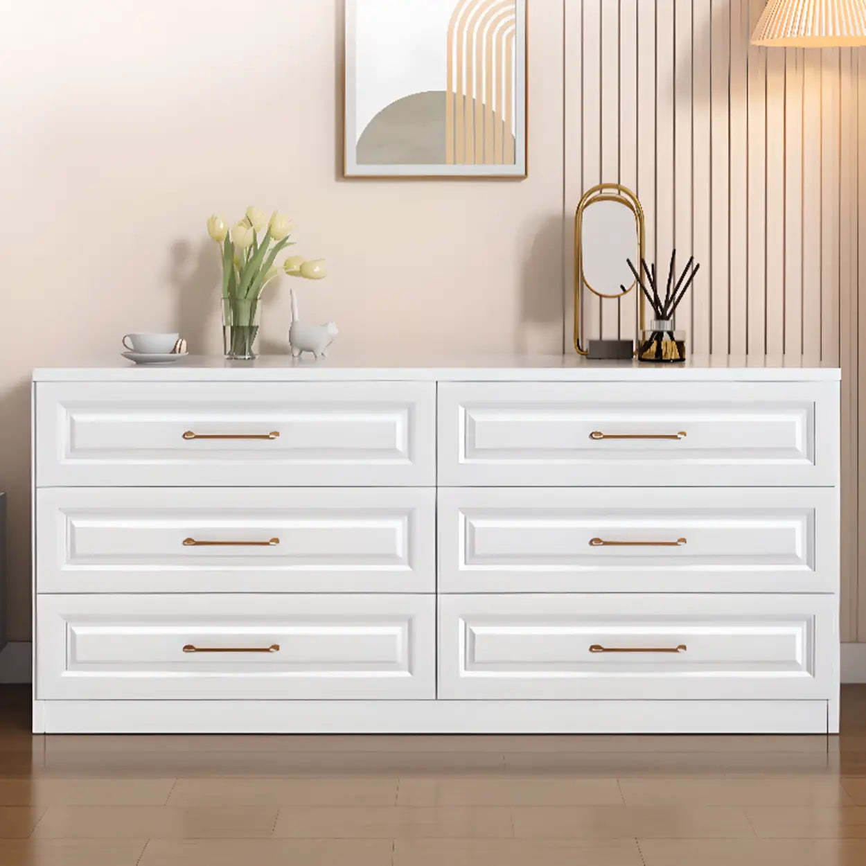 Gold-Handle White Wood Horizontal Dresser — Nut-Brown