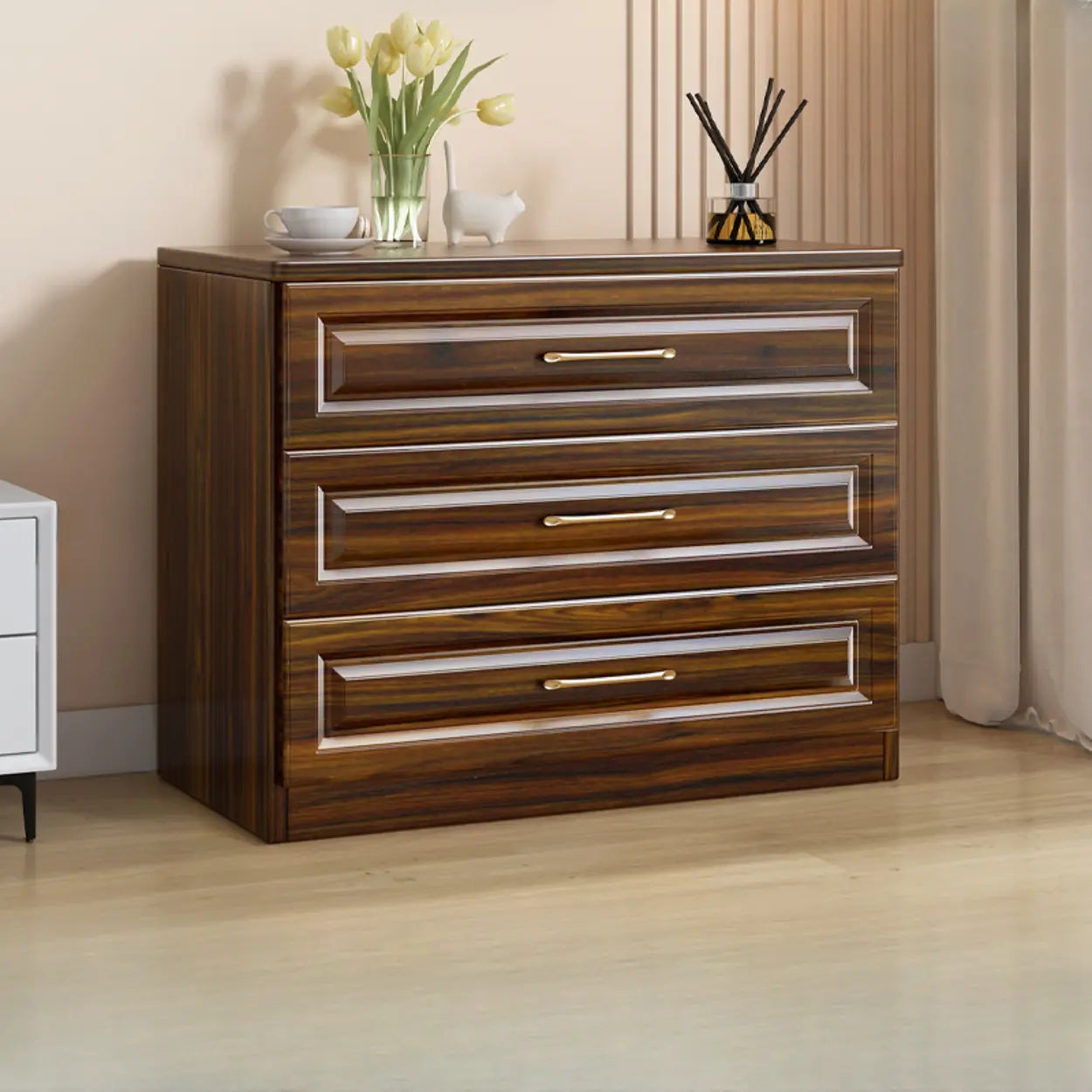 Gold-Handle White Wood Horizontal Dresser — White