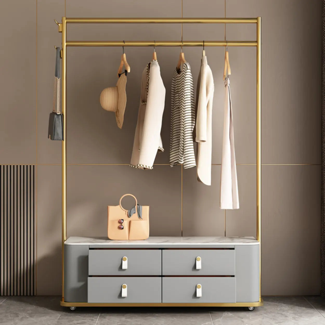 Gold Metal Hall Stand with Gray Drawers