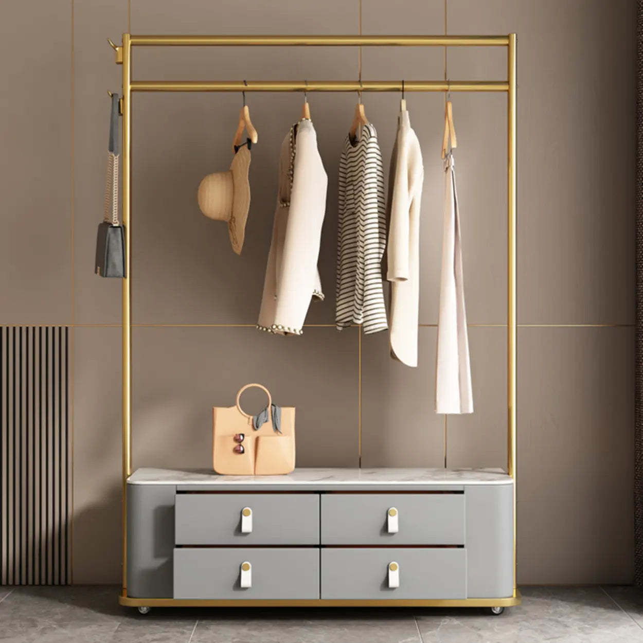 Gold Metal Hall Stand with Gray Drawers — White