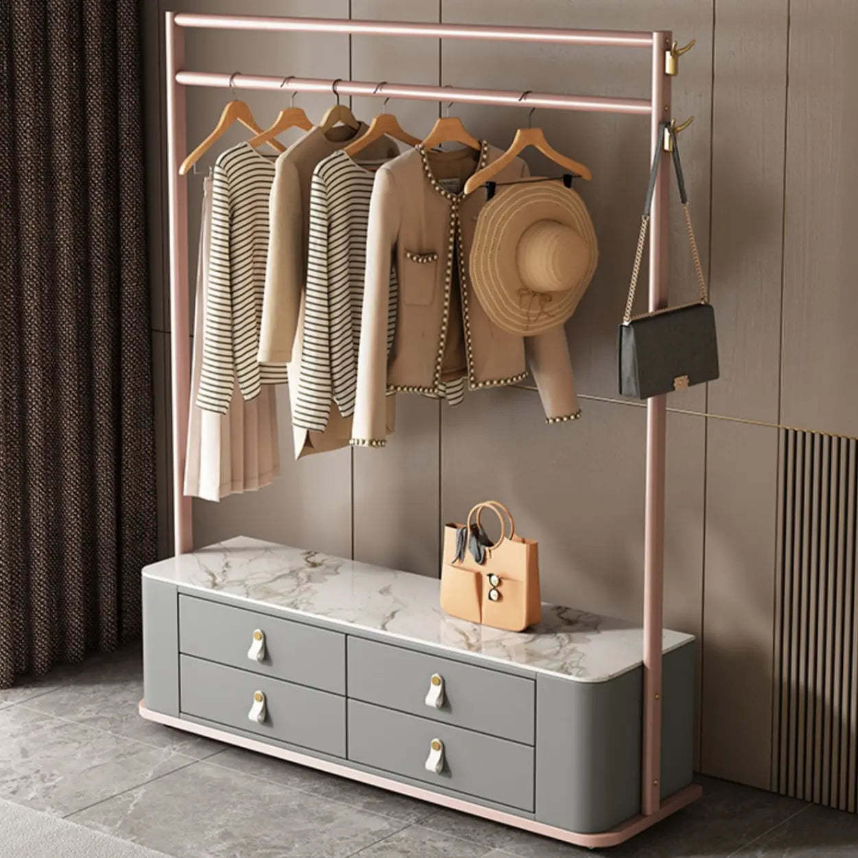 Gold Metal Hall Stand with Gray Drawers — White