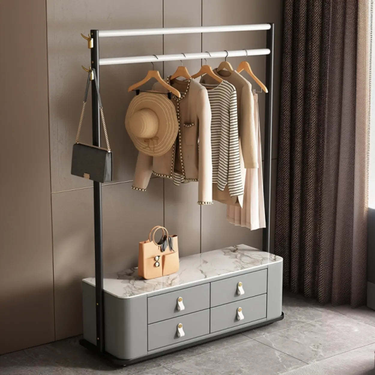 Gold Metal Hall Stand with Gray Drawers — Grey