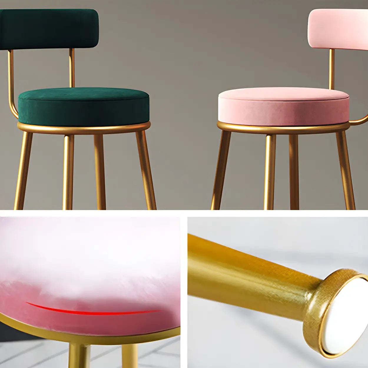 Velvet Round Bar Stool with Gold Frame — Gray / 1 Piece