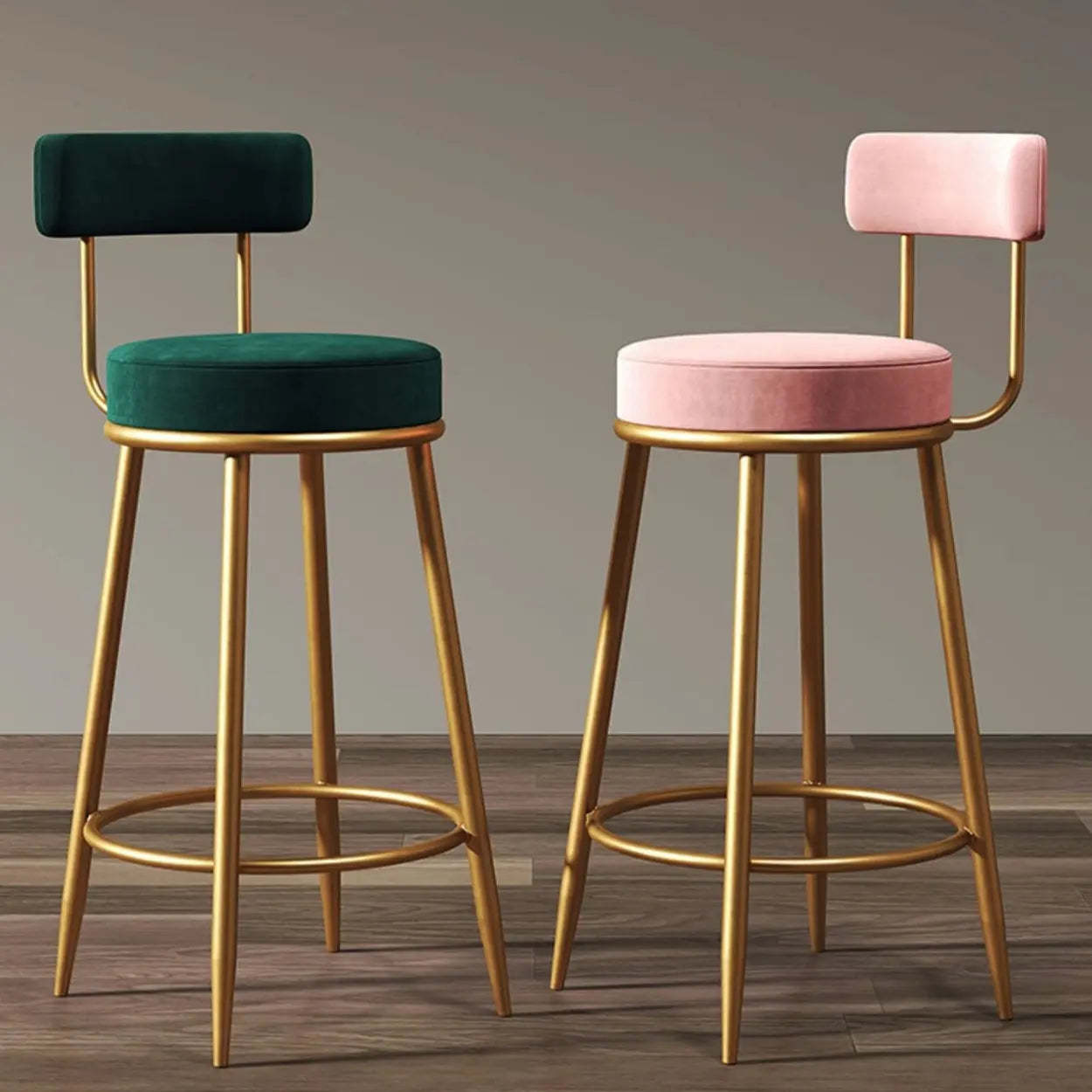 Velvet Round Bar Stool with Gold Frame — Gray / 2 Piece Set