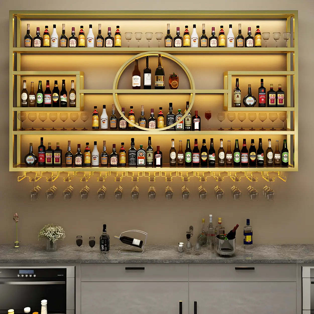 Gold Rectangular Metal Wall-Mounted Wine Rack