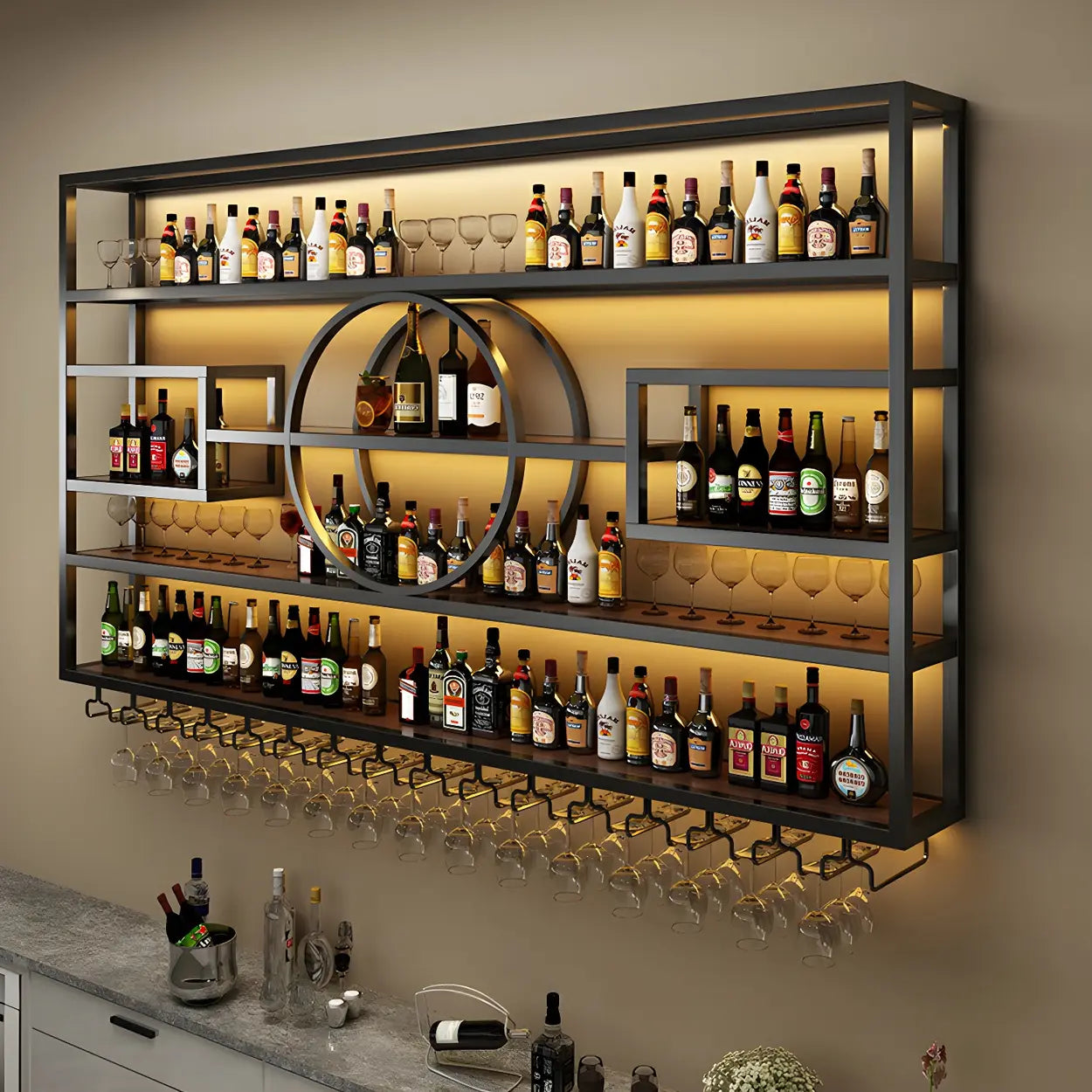 Gold Rectangular Metal Wall-Mounted Wine Rack — Black / 2 Piece Set