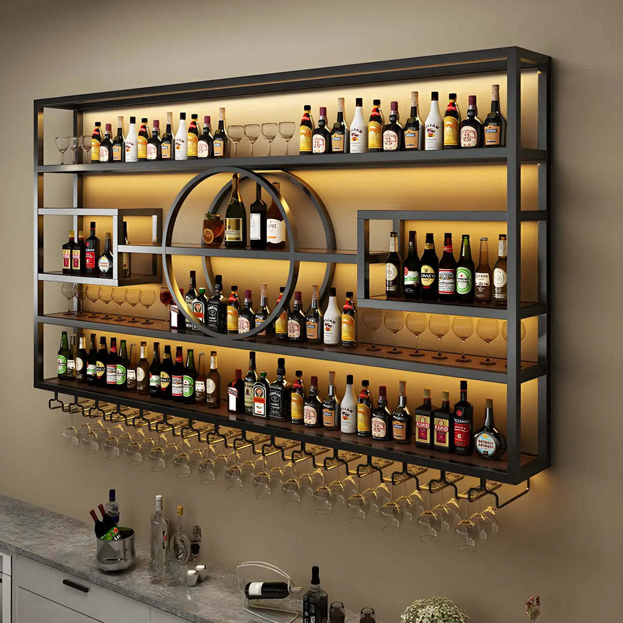 Gold Rectangular Metal Wall-Mounted Wine Rack — Black / 2 Piece Set