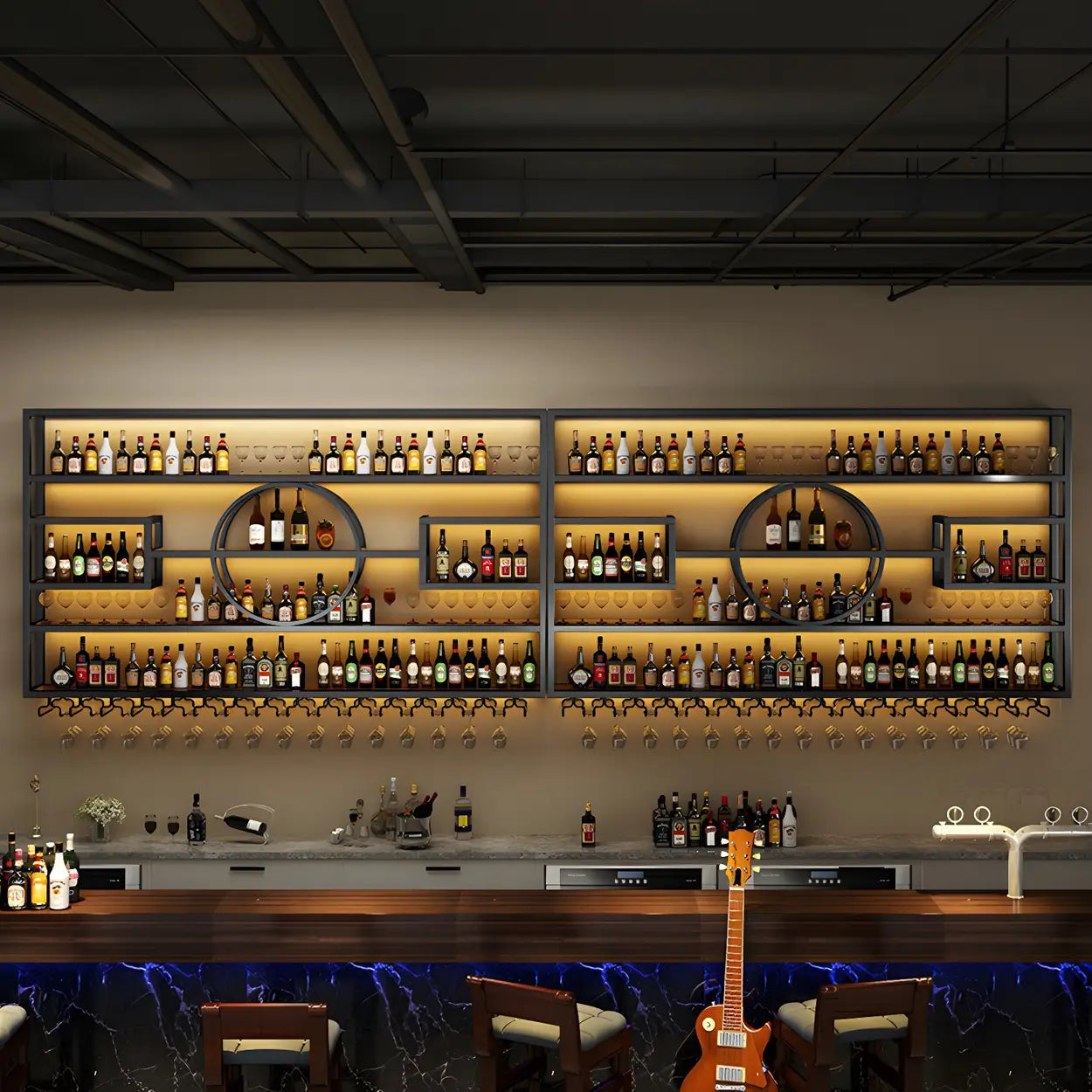 Gold Rectangular Metal Wall-Mounted Wine Rack — Black / 4 Piece Set