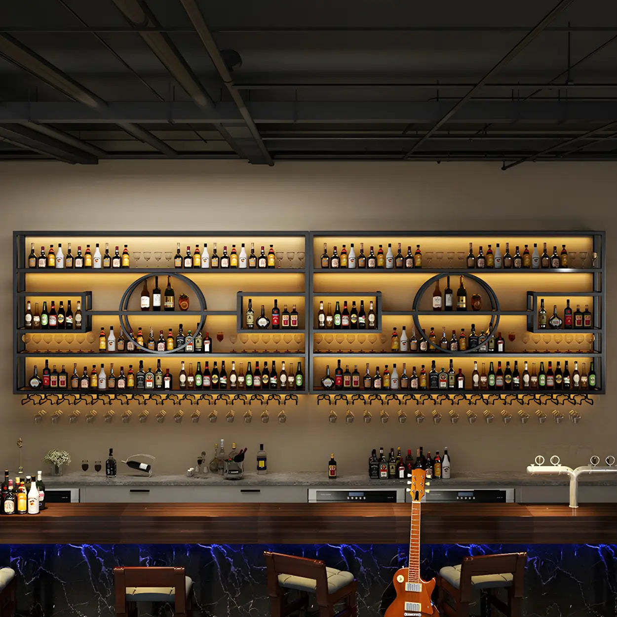 Gold Rectangular Metal Wall-Mounted Wine Rack — Black / 4 Piece Set