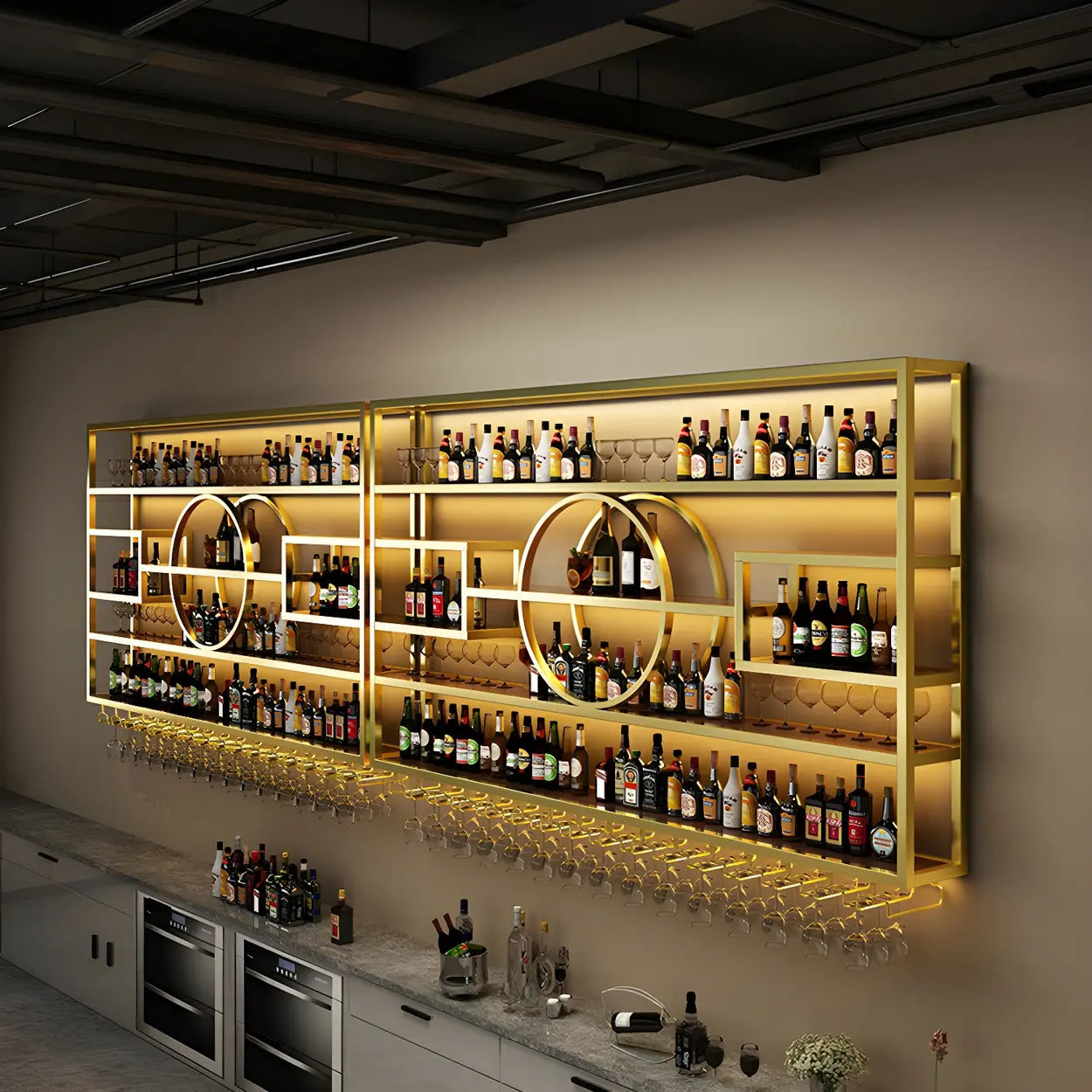 Gold Rectangular Metal Wall-Mounted Wine Rack — Gold / 2 Piece Set