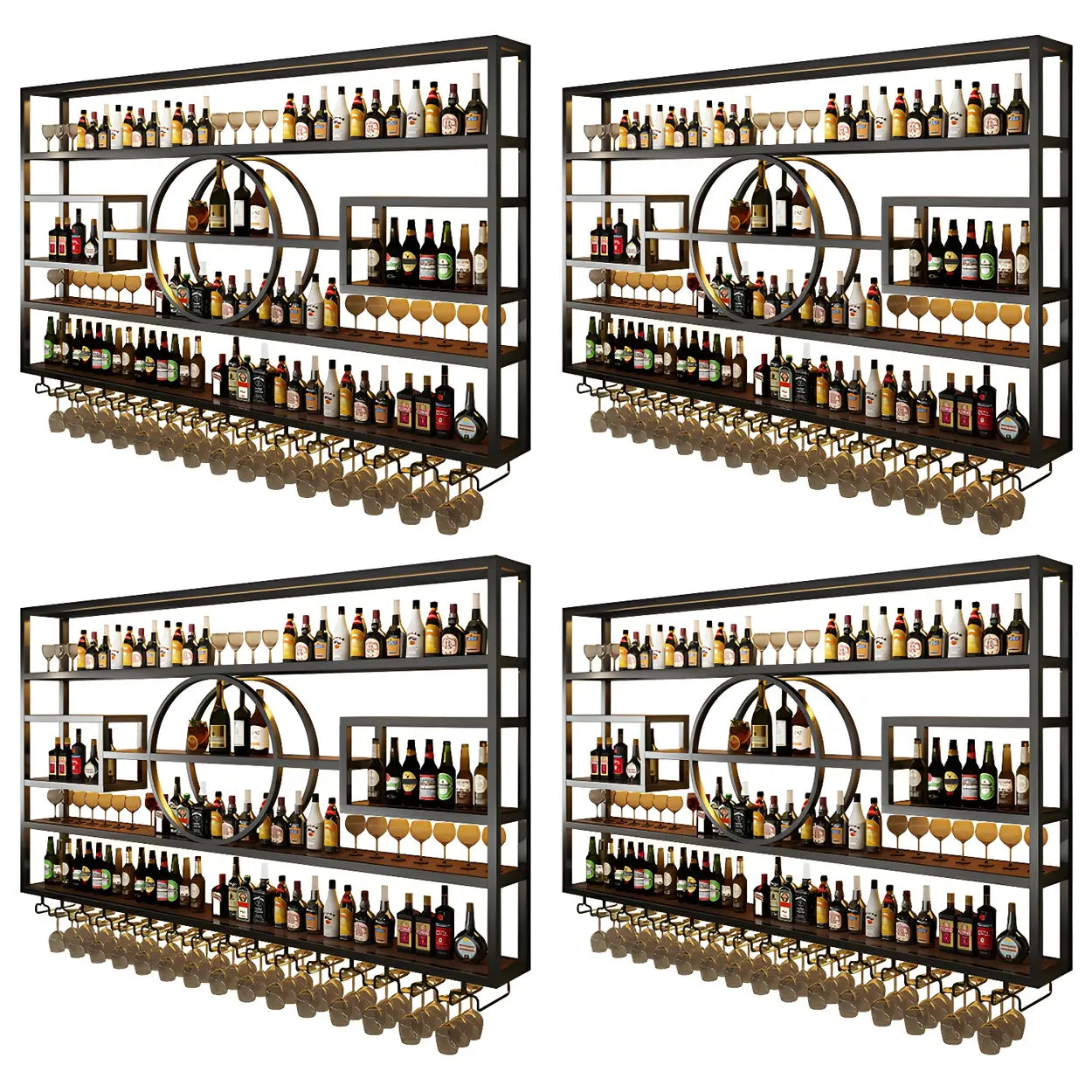 Gold Rectangular Metal Wall-Mounted Wine Rack — Gold / 4 Piece Set
