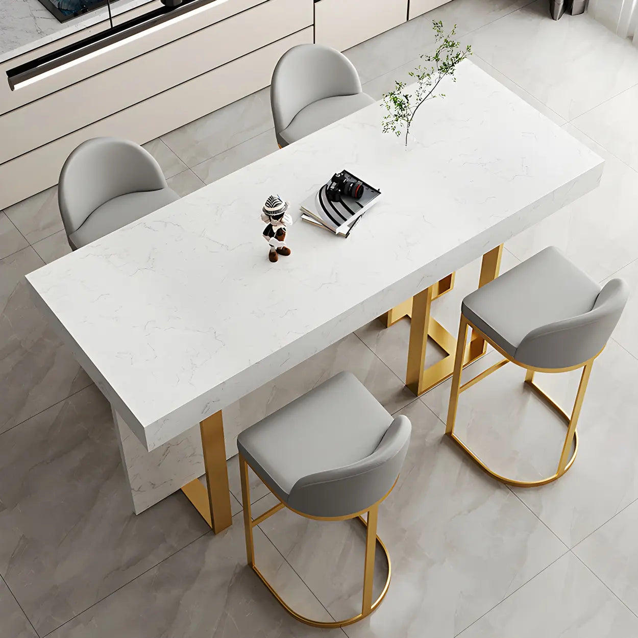 Luxury marble-top white iron bar tables, Lighom — 55.1"L x 17.7"W x 39.3"H / Black