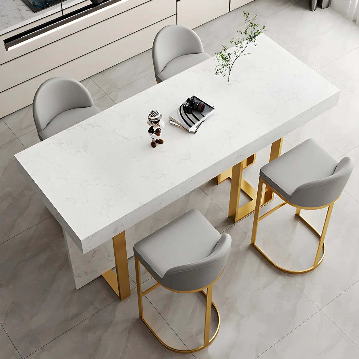 Luxury marble-top white iron bar tables, Lighom — 55.1"L x 17.7"W x 39.3"H / Black
