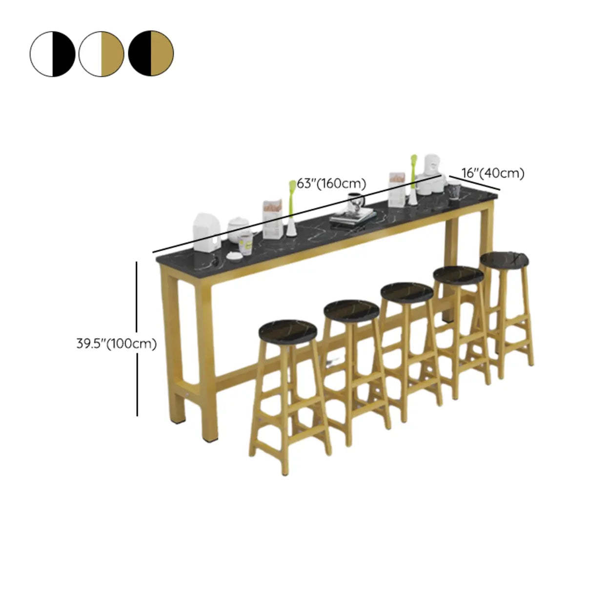 Gold Rectangular Metal Large Bar Table with Leg Rest — White-Black / Without Chairs