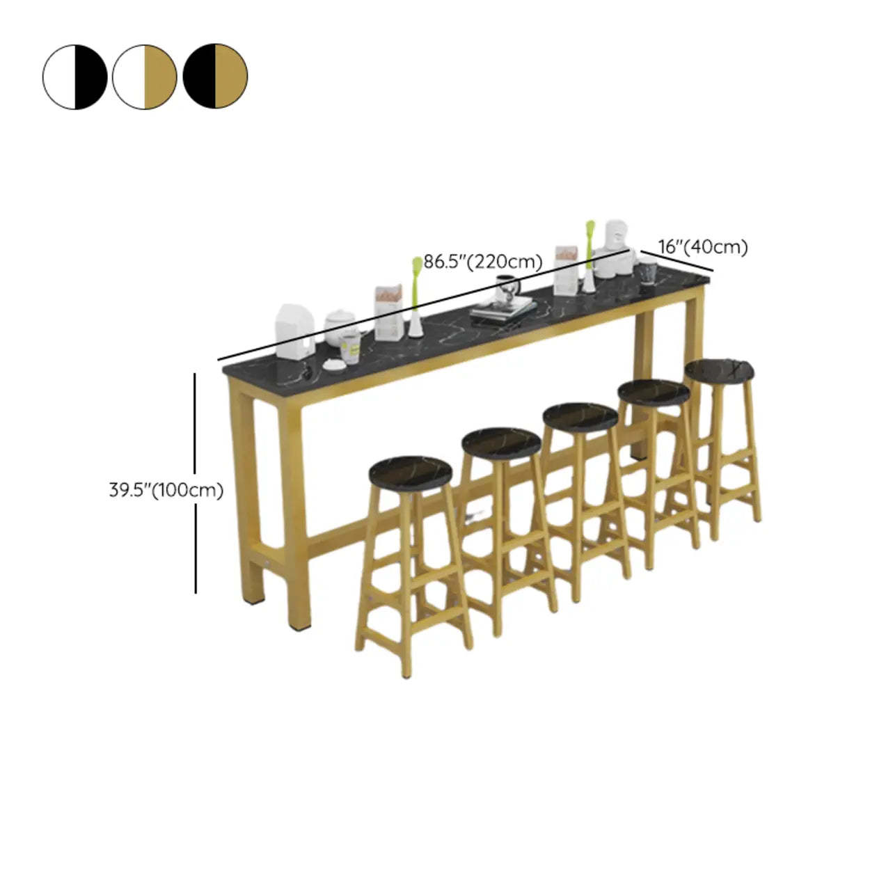 Gold Rectangular Metal Large Bar Table with Leg Rest — White-Black / Without Chairs