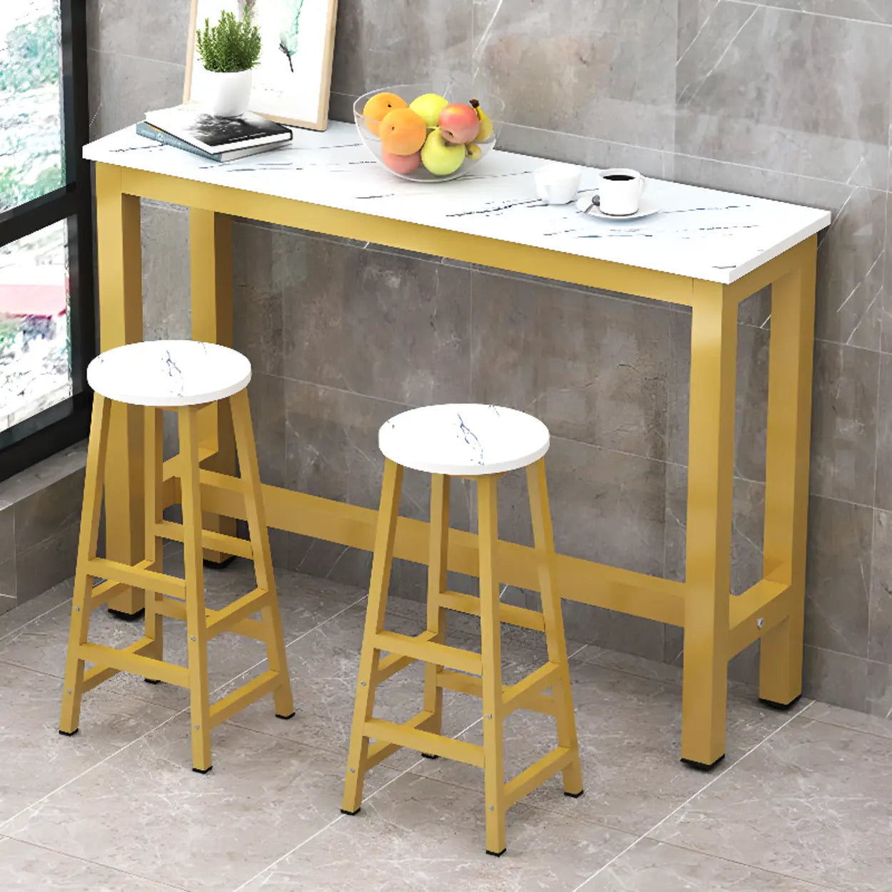 Gold Rectangular Metal Large Bar Table with Leg Rest — Black-Gold / Without Chairs