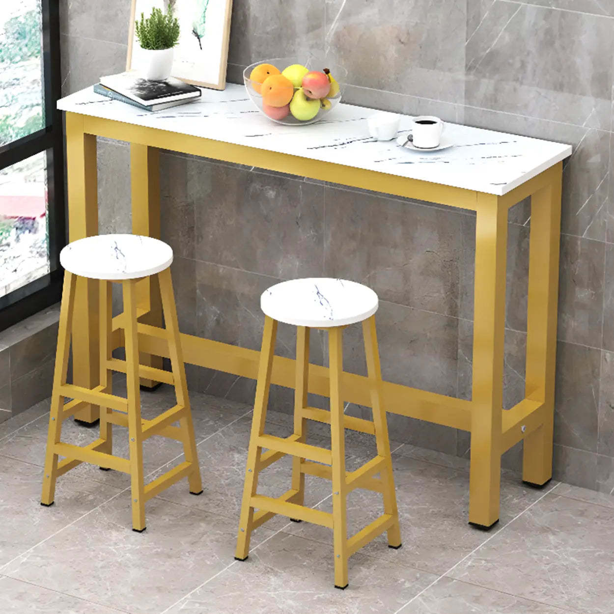 Gold Rectangular Metal Large Bar Table with Leg Rest — Black-Gold / Without Chairs