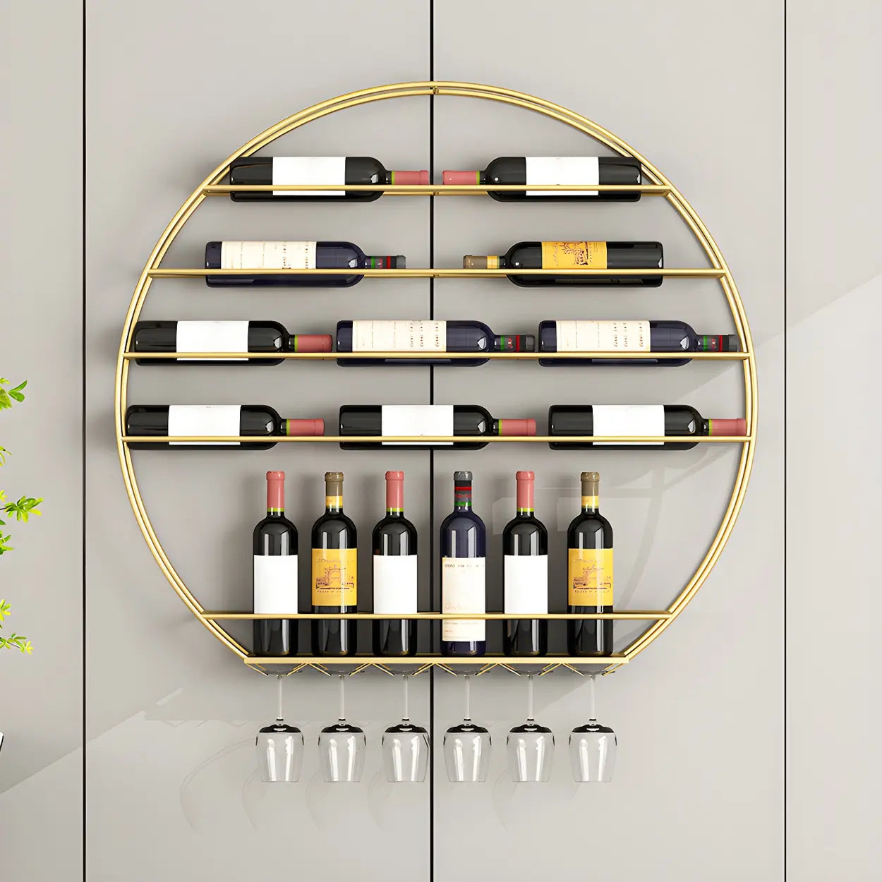 Gold Round Iron Floating Wall Wine Rack
