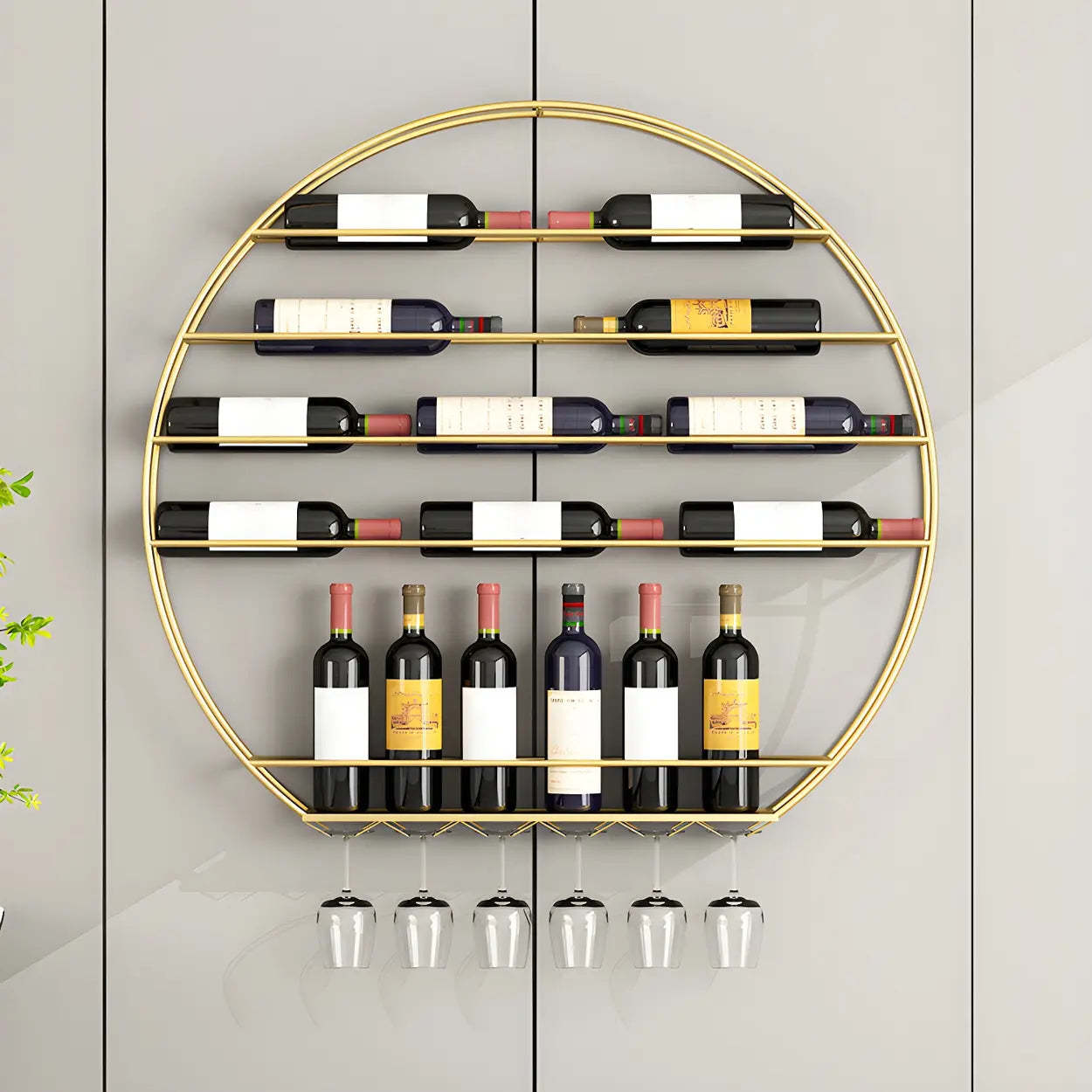 Gold Round Iron Floating Wall Wine Rack — Black / 1 Piece
