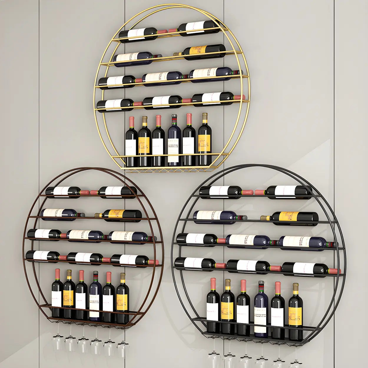 Gold Round Iron Floating Wall Wine Rack