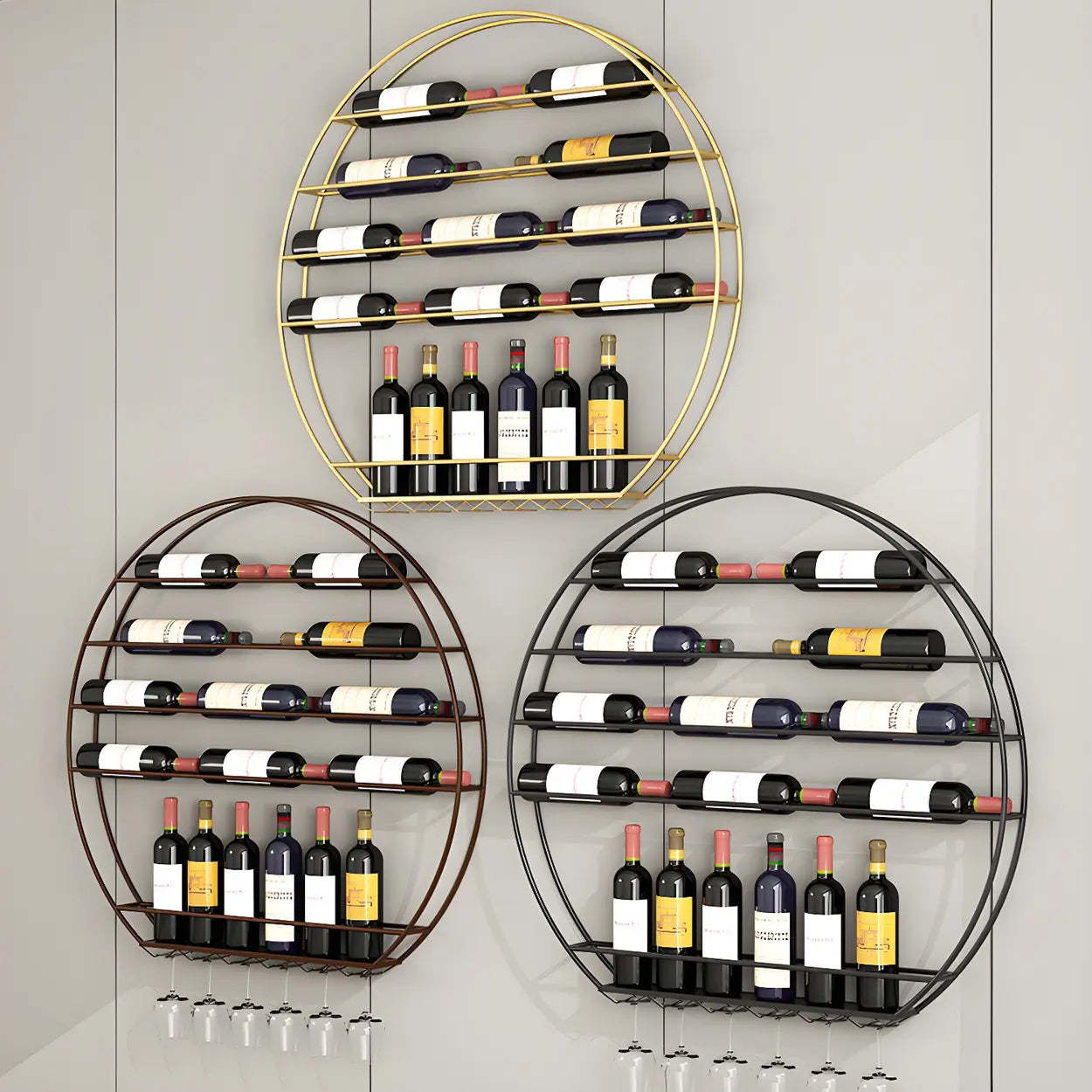 Gold Round Iron Floating Wall Wine Rack