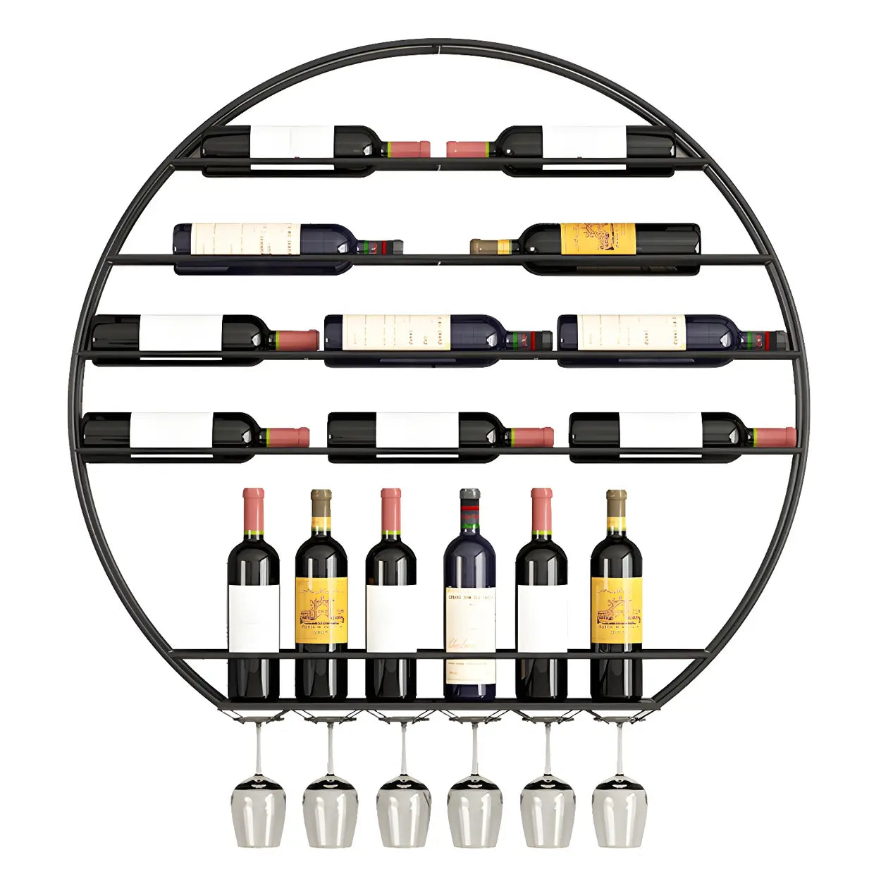 Gold Round Iron Floating Wall Wine Rack — Black / 2 Piece Set