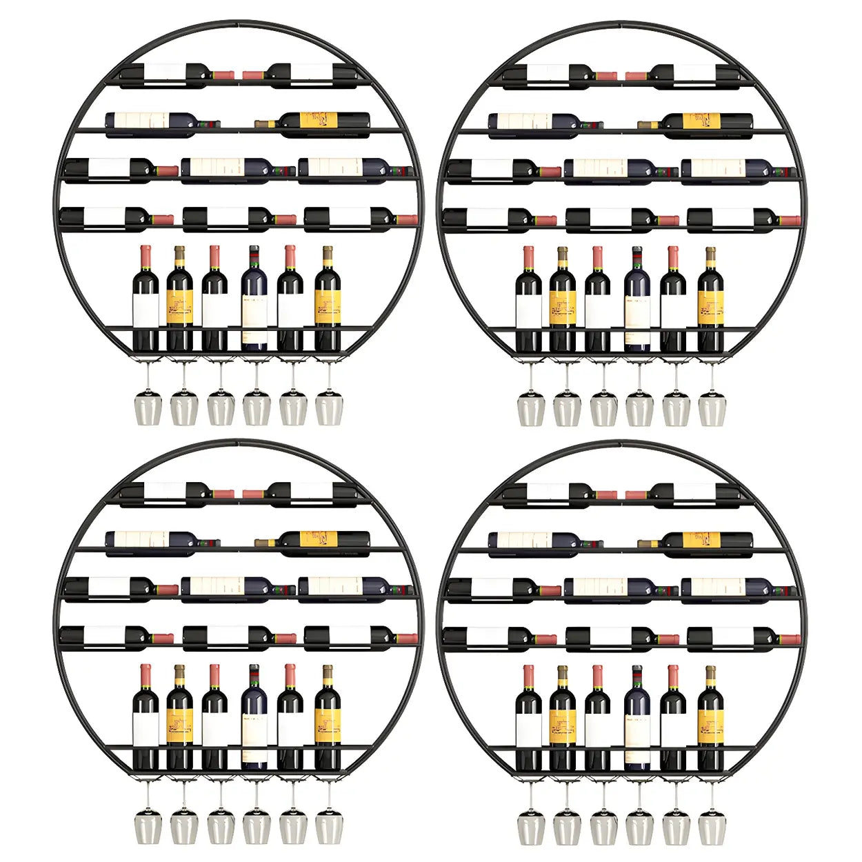 Gold Round Iron Floating Wall Wine Rack — Red / 4 Piece Set