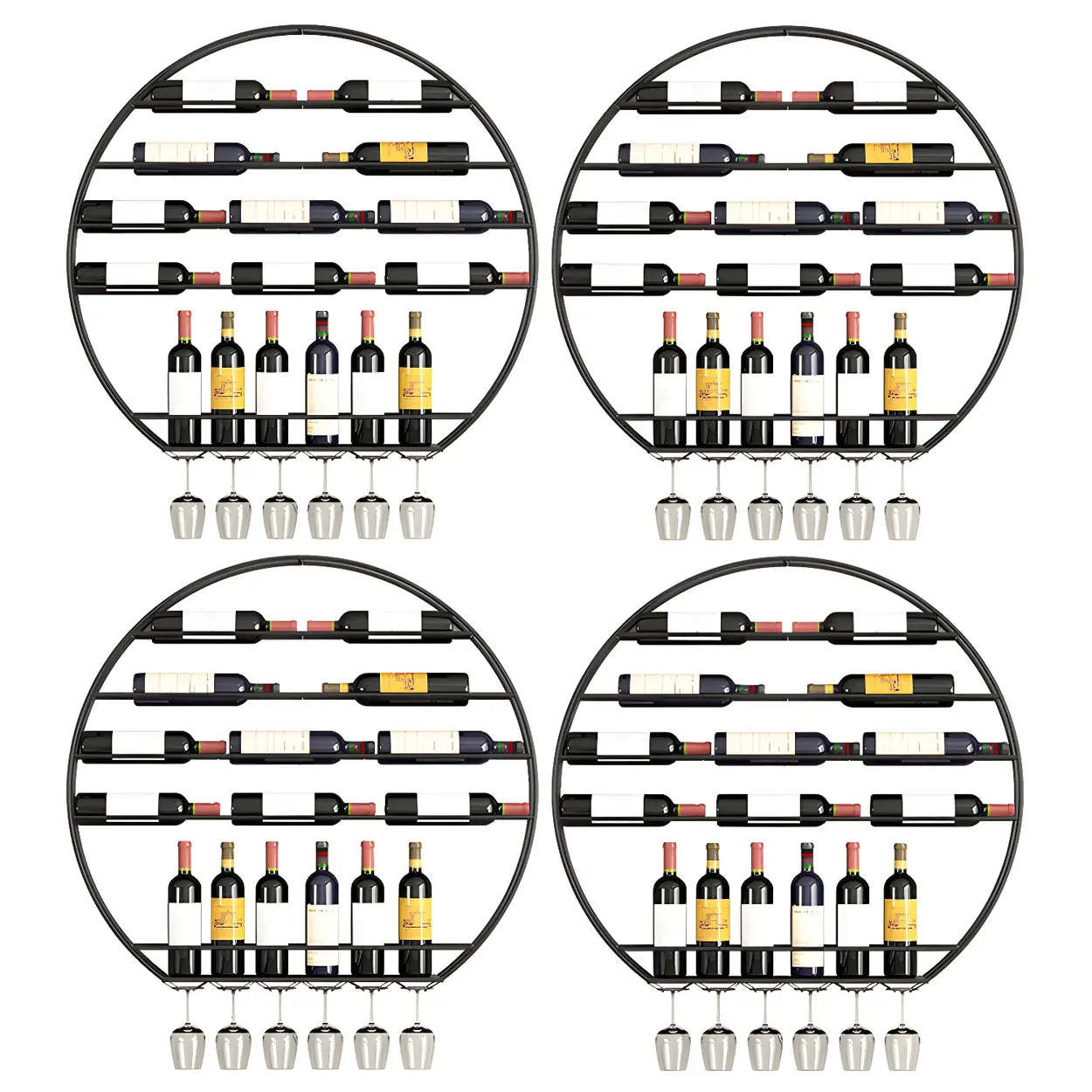 Gold Round Iron Floating Wall Wine Rack — Red / 4 Piece Set
