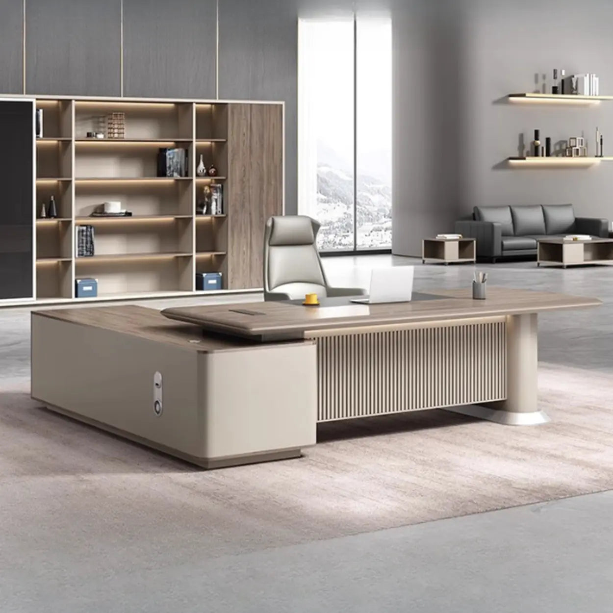 Gray Base Long L-Shape Brown Wood Executive Desk