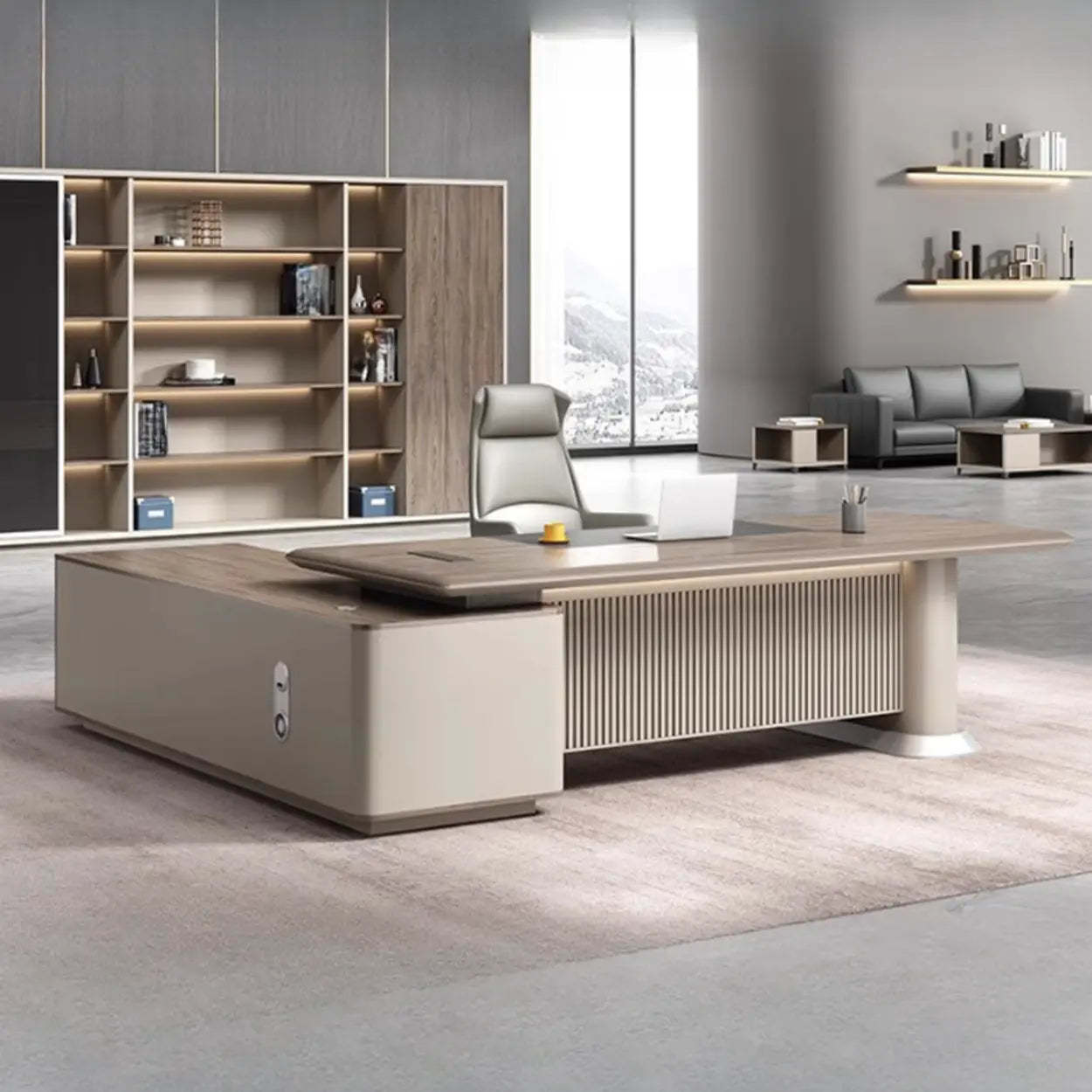 Gray Base Long L-Shape Brown Wood Executive Desk — Table Only