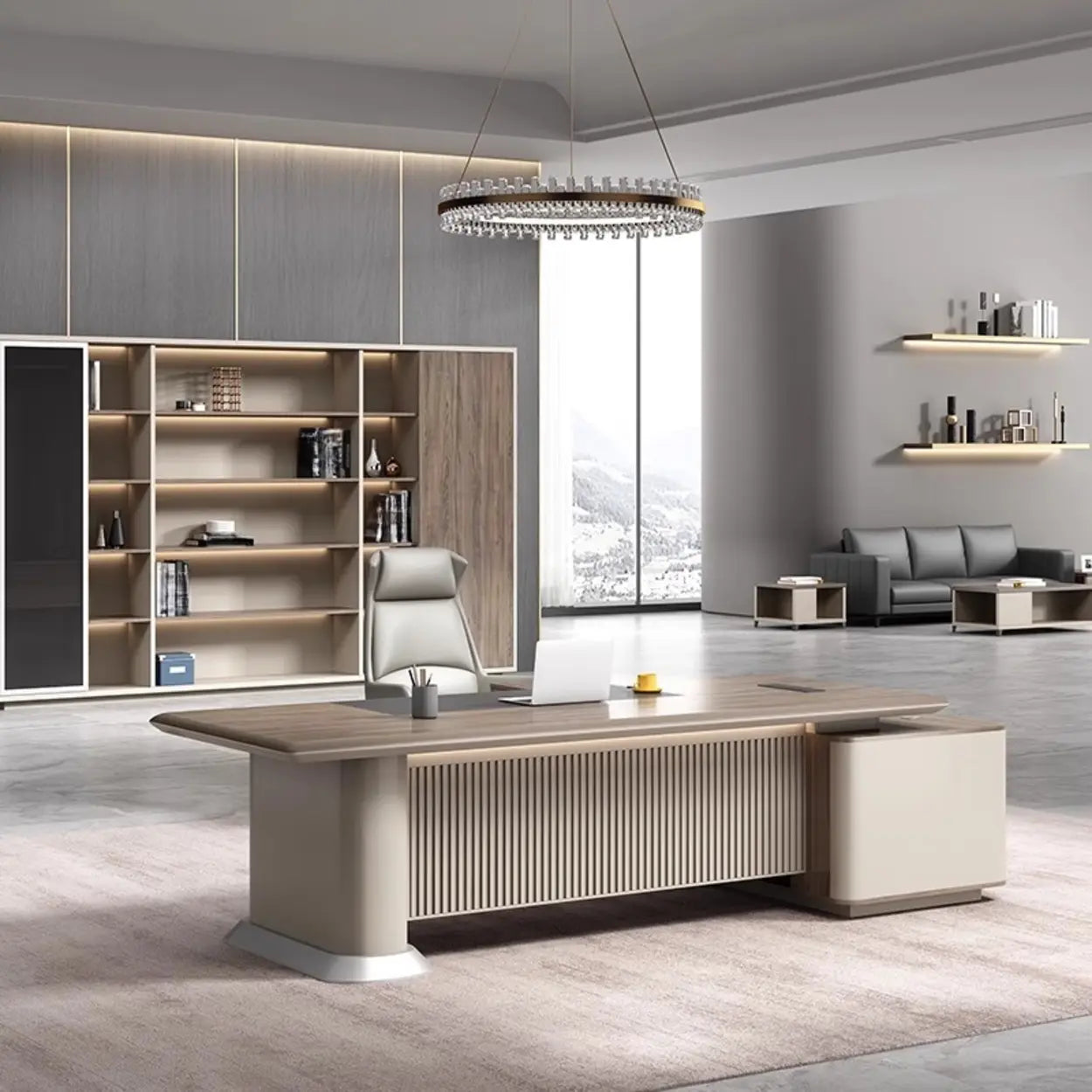 Gray Base Long L-Shape Brown Wood Executive Desk — Table Only