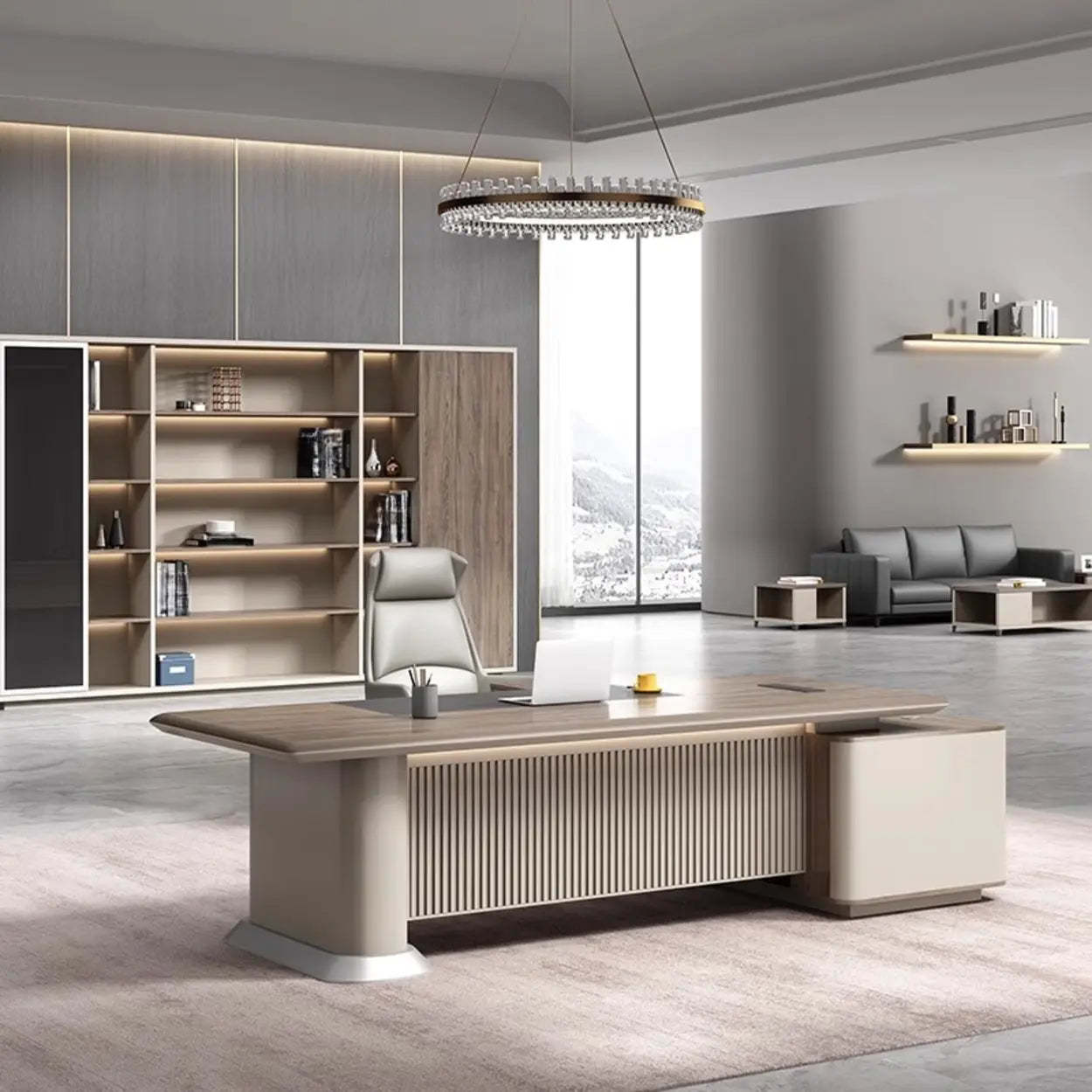 Gray Base Long L-Shape Brown Wood Executive Desk — Table Only