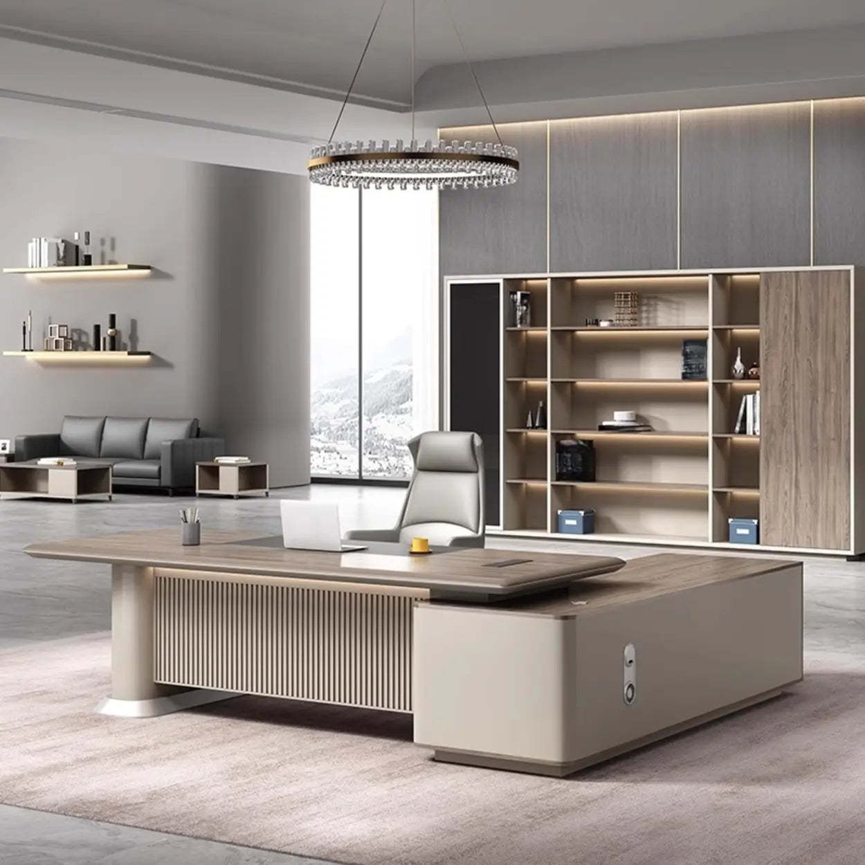 Gray Base Long L-Shape Brown Wood Executive Desk — Table Only
