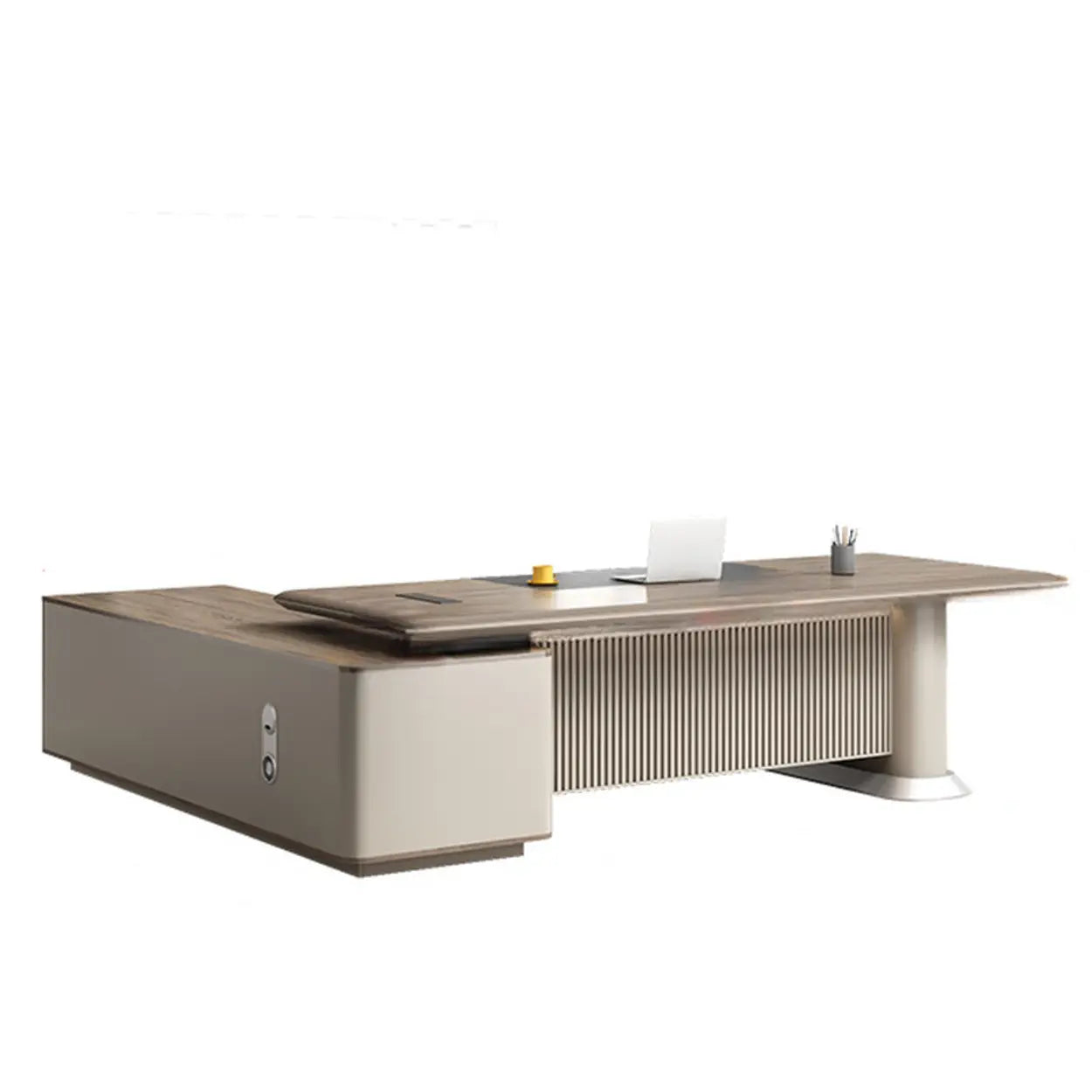 Gray Base Long L-Shape Brown Wood Executive Desk — Table Only
