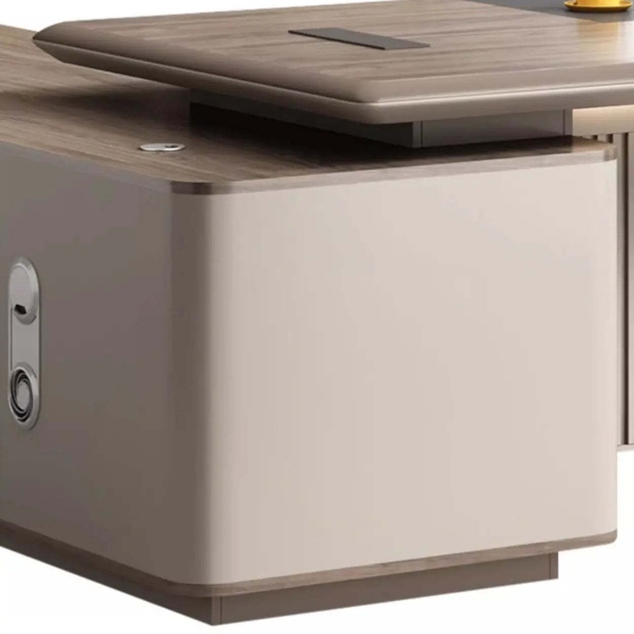 Gray Base Long L-Shape Brown Wood Executive Desk — Table Only
