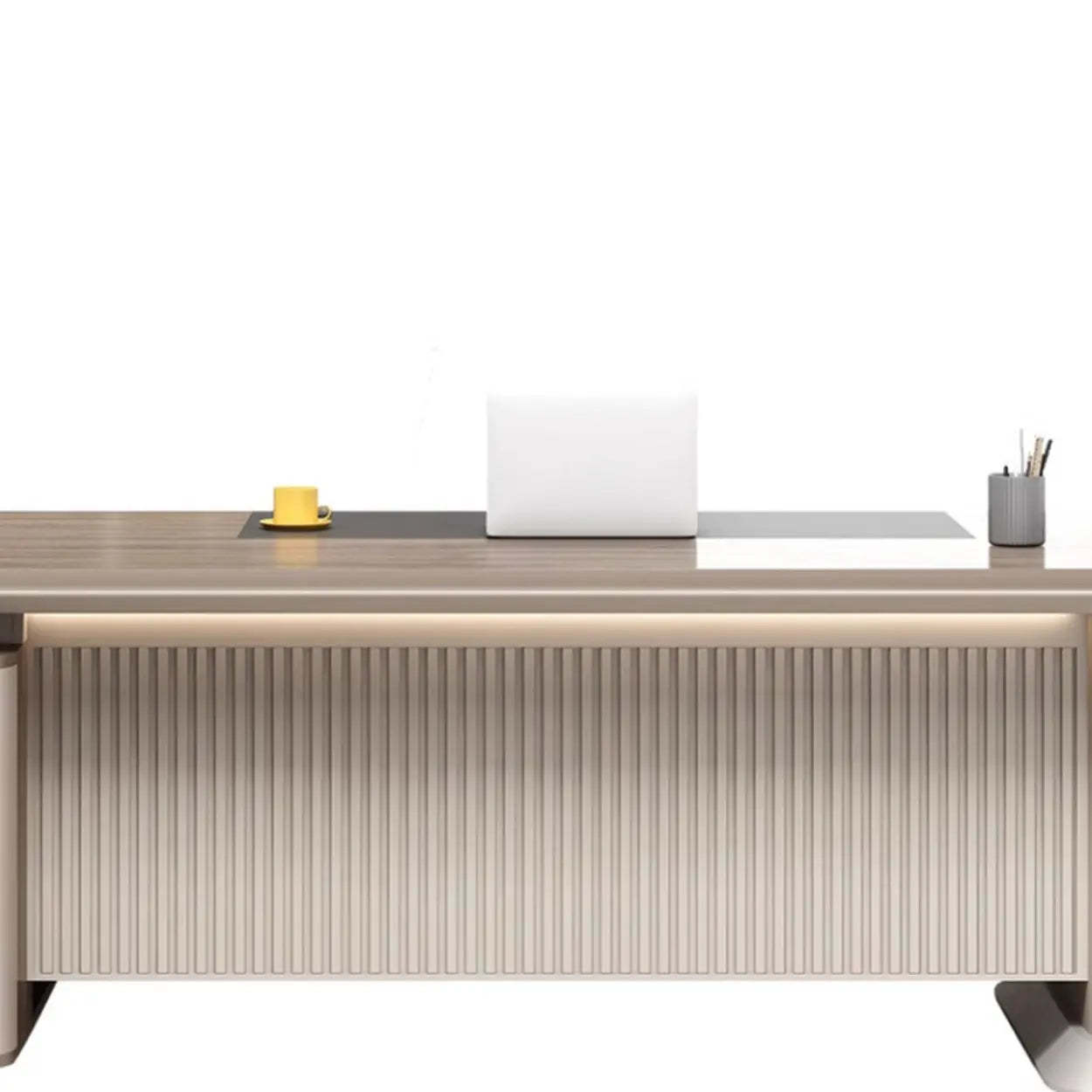 Gray Base Long L-Shape Brown Wood Executive Desk