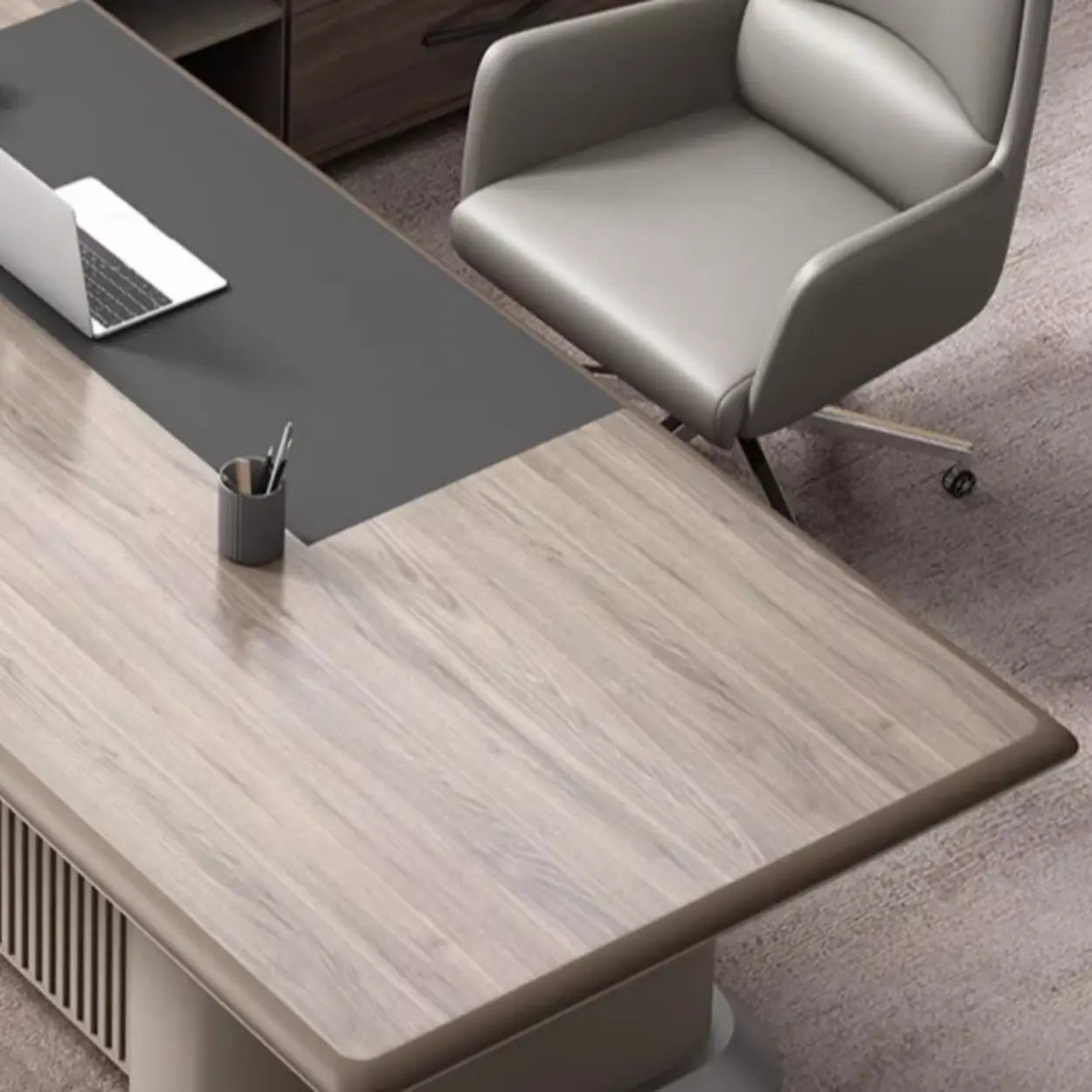Gray Base Long L-Shape Brown Wood Executive Desk